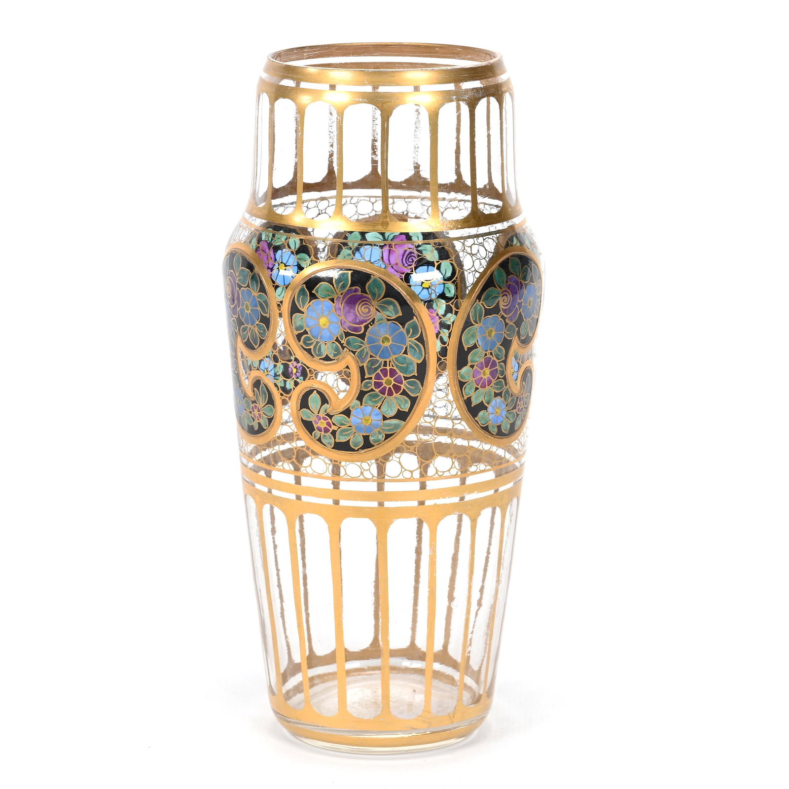 Vase, Clear Bohemian Art Glass: Vase, Clear Bohemian Art Glass, 7.25" x 3.25", Colorful Translucent Paisley Design, Gold Stencil Highlights, Tiny Surface Nice On Rim, Don Henson Estate, Michigan. Part 3. This auction is the final di