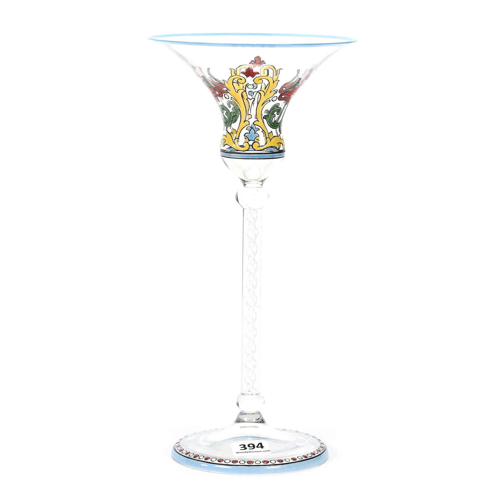 Modified Champagne Stem, Clear Bohemian Art Glass: Modified Champagne Stem, Clear Bohemian Art Glass, 9.75" x 4.75", Colorful Enamel Scroll Design, Solid Stem With White Ribbon Design, Don Henson Estate, Michigan. Part 3. This auction is the final dis