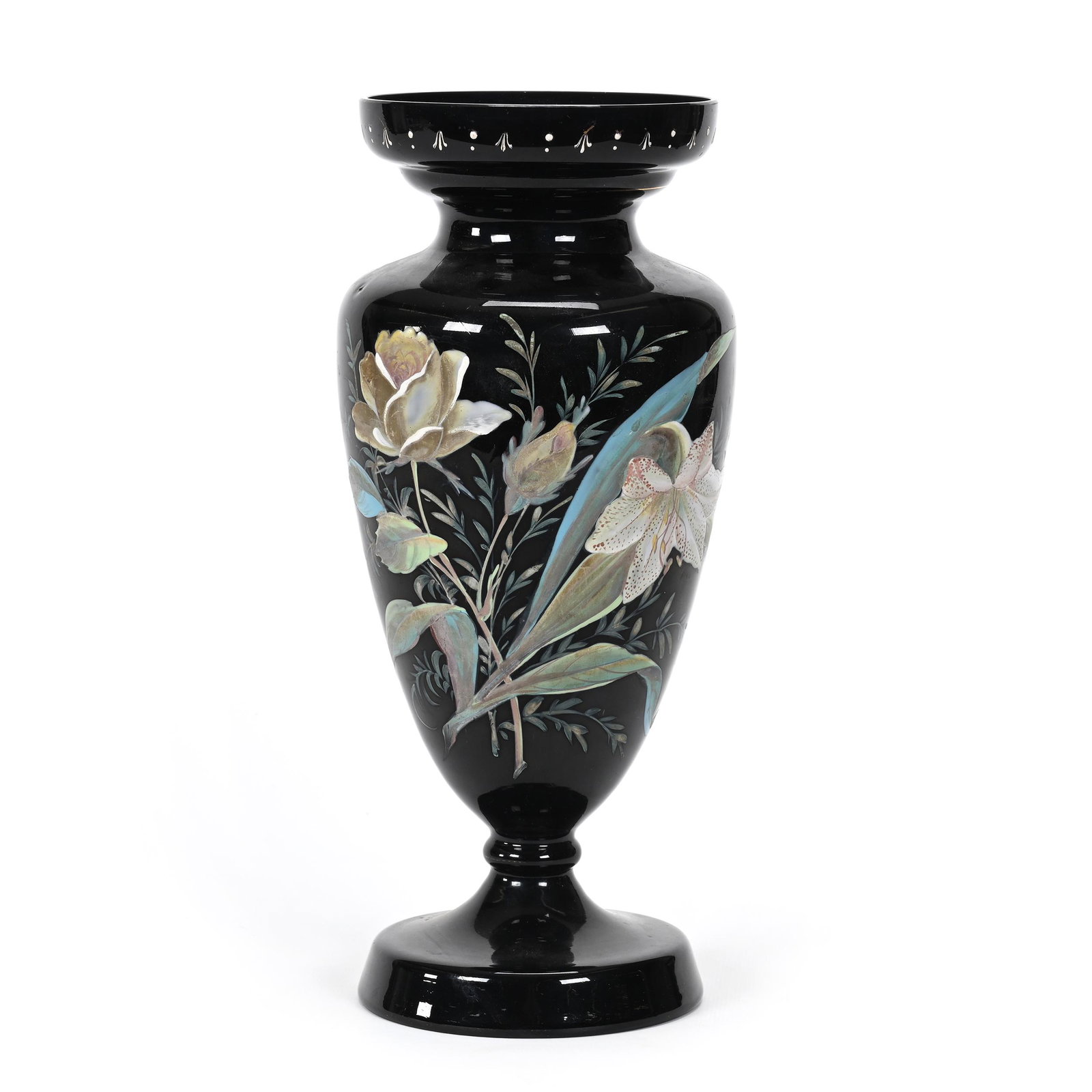 Pedestal Vase, Black Amethyst Art Glass: Pedestal Vase, Black Amethyst Art Glass, 12.75" x 5.5", Heavy Enamel Floral Decor, Don Henson Estate, Michigan. Part 3. This auction is the final dispersal of a collection of over 1,700 items selling 