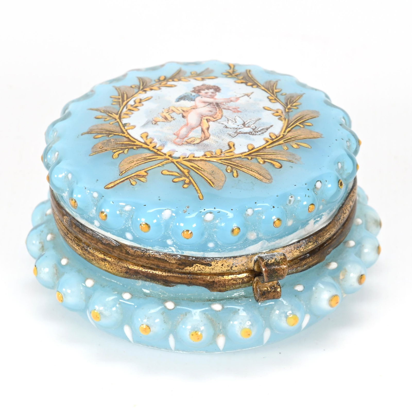 Pill Box, Cased Blue Opalescent Bohemian Art Glass (1 of 3)