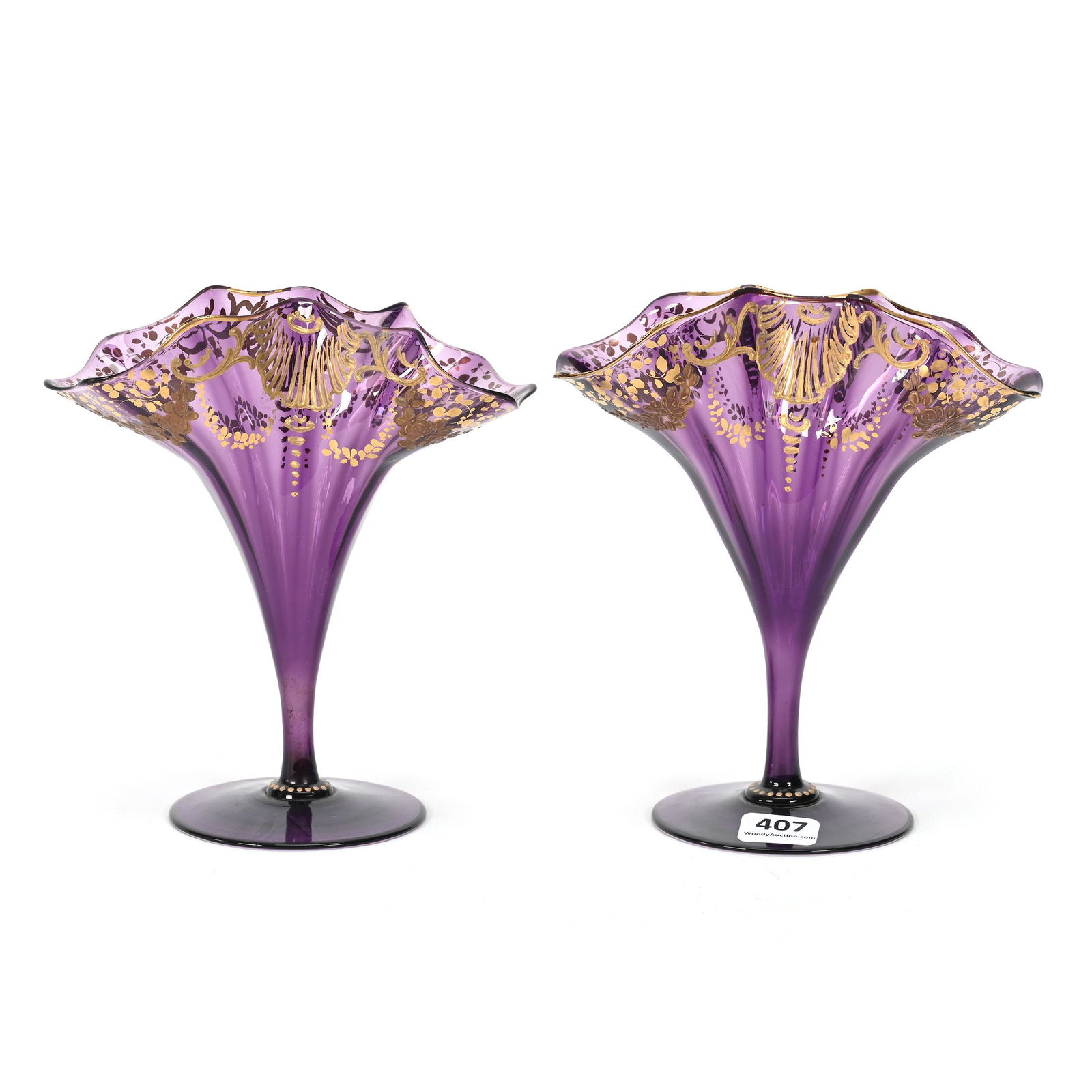 Pair Fan Vases, Amethyst Bohemian Art Glass (1 of 3)