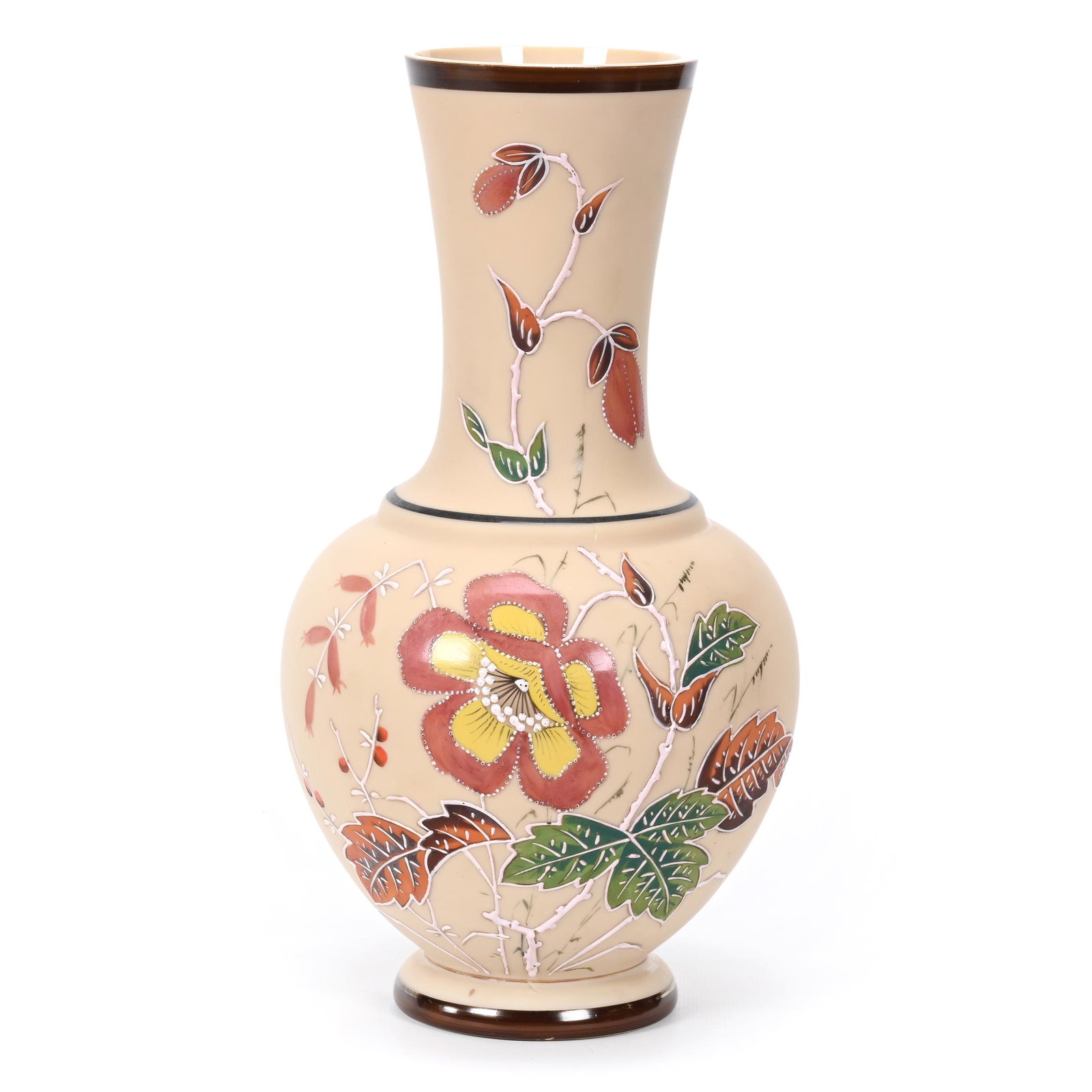 Vase Marked Durand Kimball Art Glass: Vase Marked Durand Kimball Art Glass, 13" x 6.75", Brown Tones With Enamel Floral Decor, Don Henson Estate, Michigan. Part 3. This auction is the final dispersal of a collection of over 1,700 items se