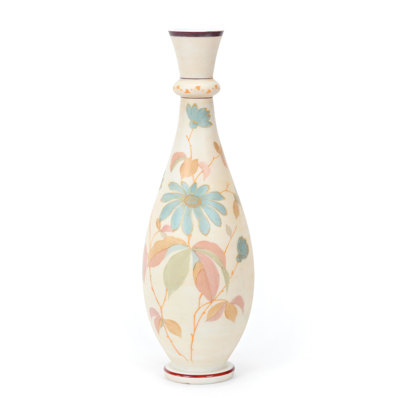 Vase Marked Durand Kimball Art Glass: Vase Marked Durand Kimball Art Glass, 14" x 4.25", Cream Tones With Pastel Floral Decor, Don Henson Estate, Michigan. Part 3. This auction is the final dispersal of a collection of over 1,700 items se