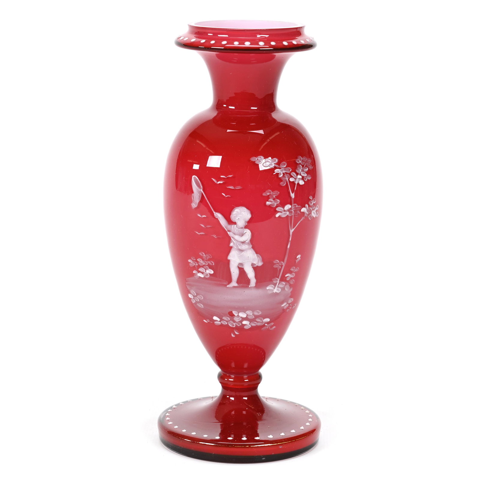 Pedestal Vase, Cased Cranberry Bohemian Art Glass: Pedestal Vase, Cased Cranberry Bohemian Art Glass, 8.25" x 3.25", Enamel Mary Gregory Style Scenic Decor Of Child With Butterfly Net, Beaded Enamel Border, One Bead Missing, Small Open Bubble On Body,