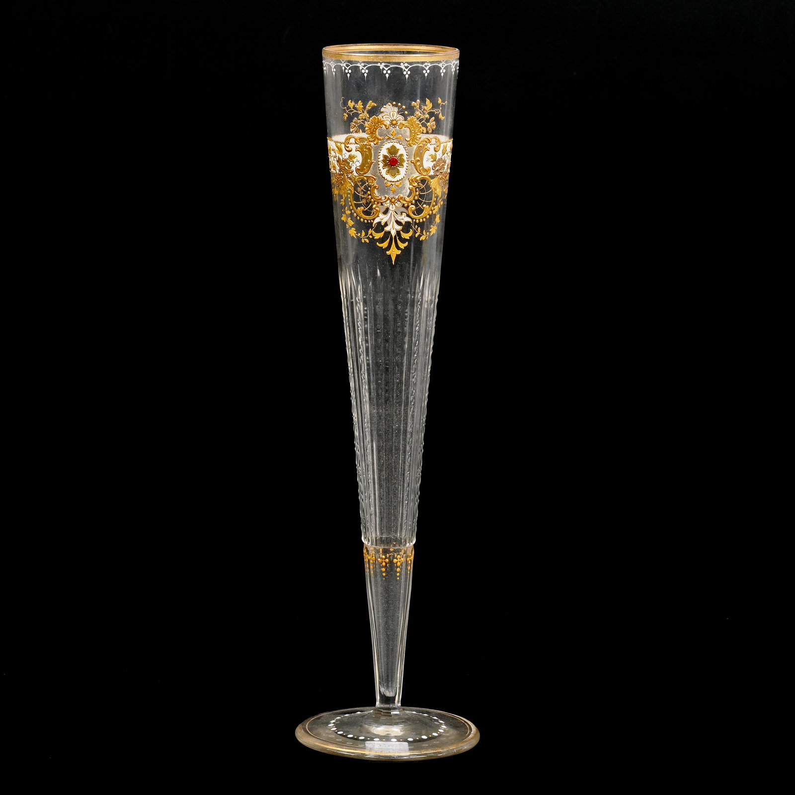 Trumpet Vase, Clear Bohemian Art Glass: Trumpet Vase, Clear Bohemian Art Glass, 14.5" x 4", Prism Cut Body, Heavy Enamel Scroll And Floral Design, Applied Jewels, Don Henson Estate, Michigan. Part 3. This auction is the final dispersal of a