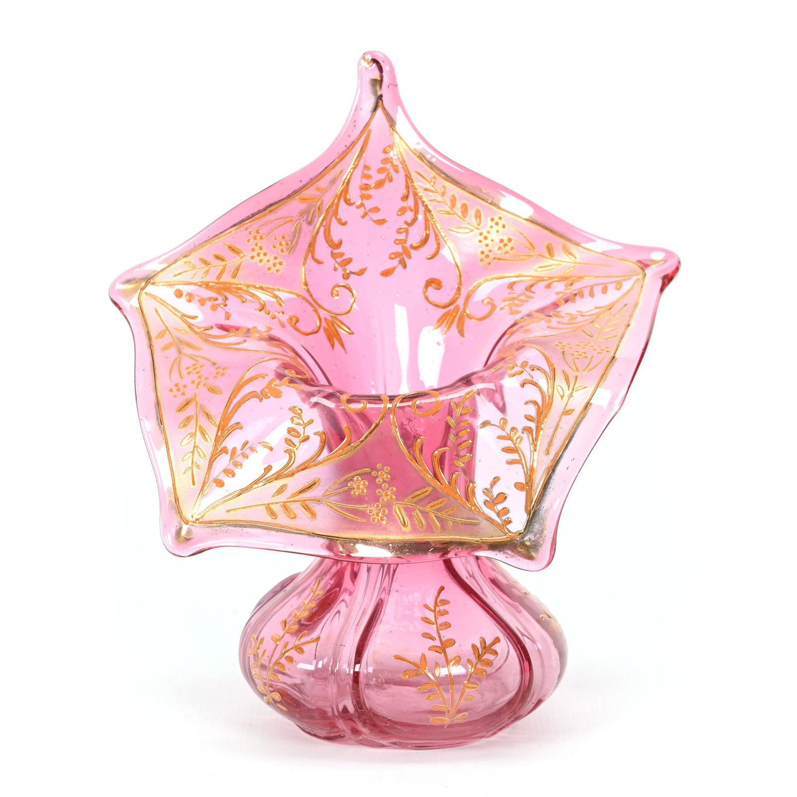 Vase, Cranberry Bohemian Art Glass: Vase, Cranberry Bohemian Art Glass, 6.25" x 5.5", Jack In Pulpit Form, Gold Enamel Floral And Scroll Design, Don Henson Estate, Michigan. Part 3. This auction is the final dispersal of a collection of