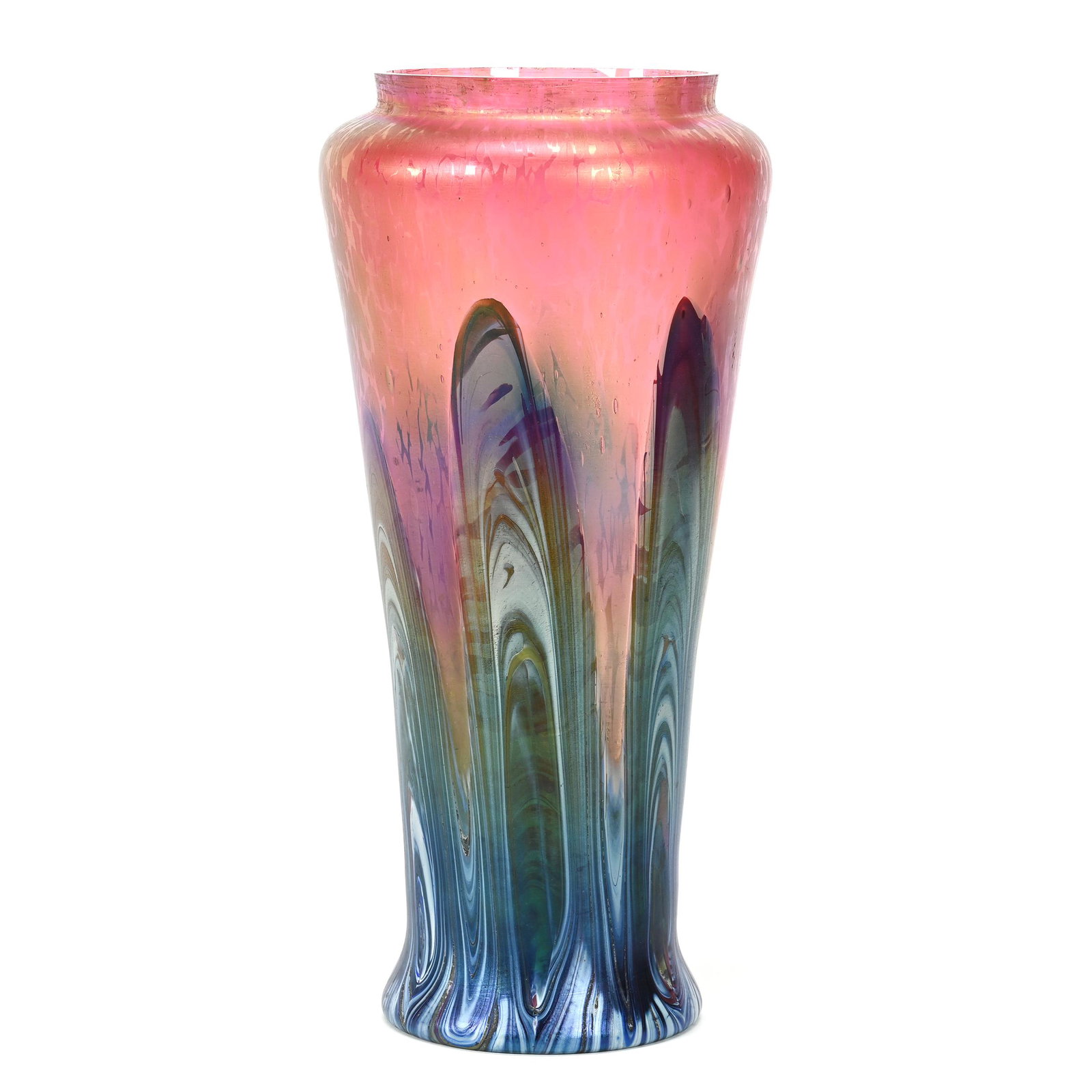 Vase, Iridescent Bohemian Art Glass By Rindskopf: Vase, Iridescent Bohemian Art Glass By Rindskopf, 12" x 5.5", Pink, Blue And White Pulled Swirl Design, Minor Surface Nicks On Rim, Don Henson Estate, Michigan. Part 3. This auction is the final dispe