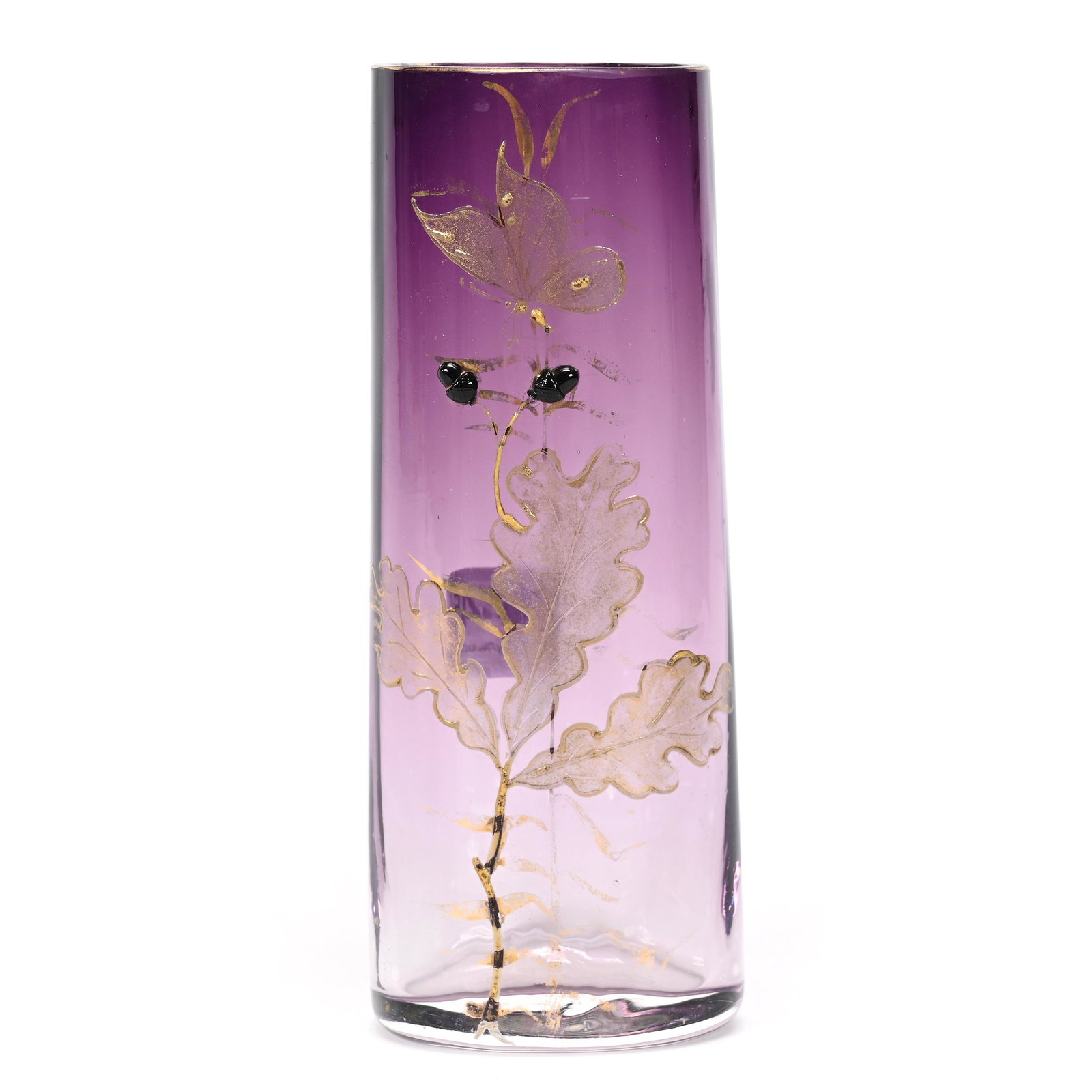 Vase Marked Moser Karlsbad Art Glass: Vase Marked Moser Karlsbad Art Glass, 5.75" x 2.25", Amethyst Shading To Clear, Gold Leaf And Butterfly Decor With Applied Acorn Highlights, Don Henson Estate, Michigan. Part 3. This auction is the fi