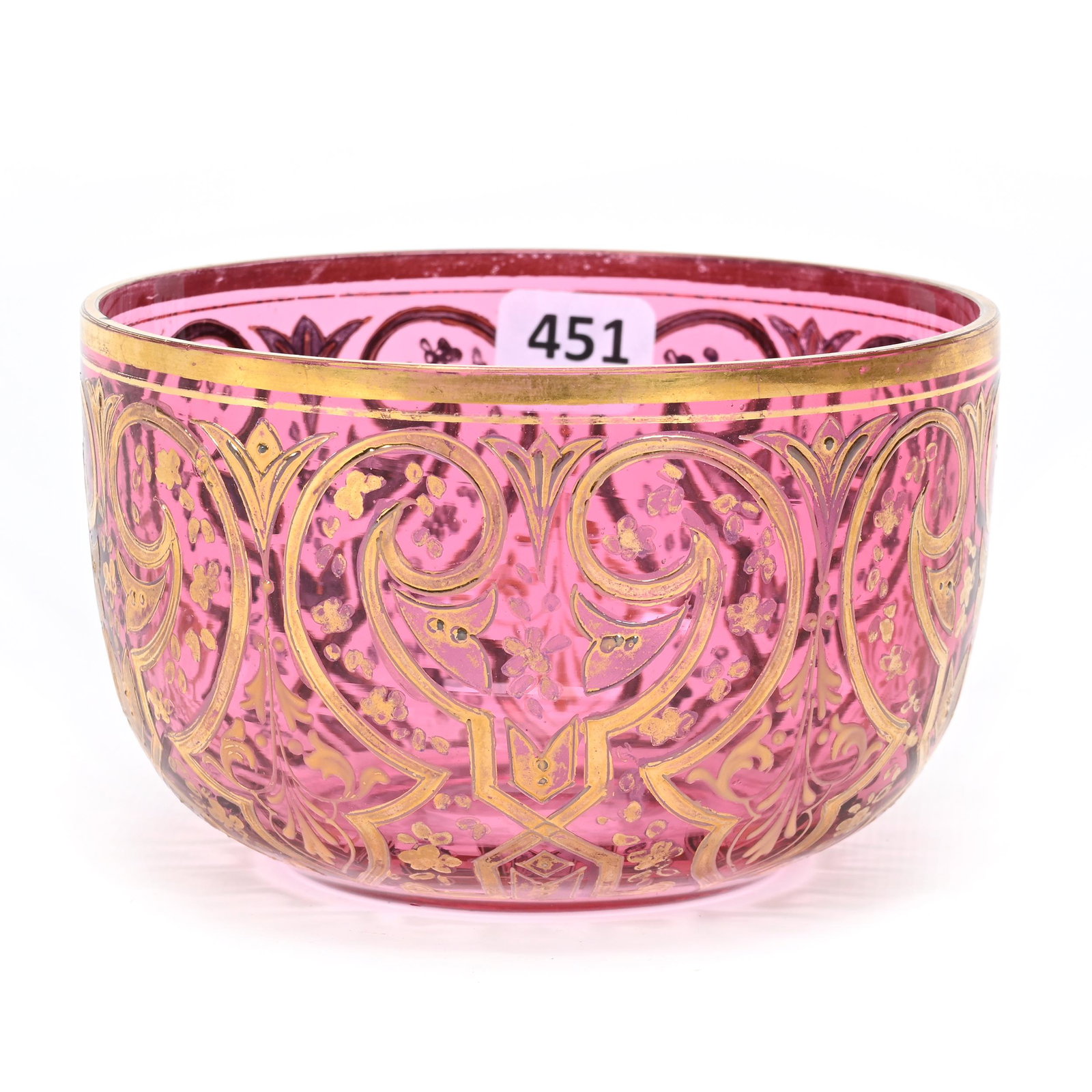 Finger Bowl, Cranberry Bohemian Art Glass: Finger Bowl, Cranberry Bohemian Art Glass, 3" x 4.75", Gold Enamel Scroll Design, Small Surface Rim Nick, Don Henson Estate, Michigan. Part 3. This auction is the final dispersal of a collection of ov