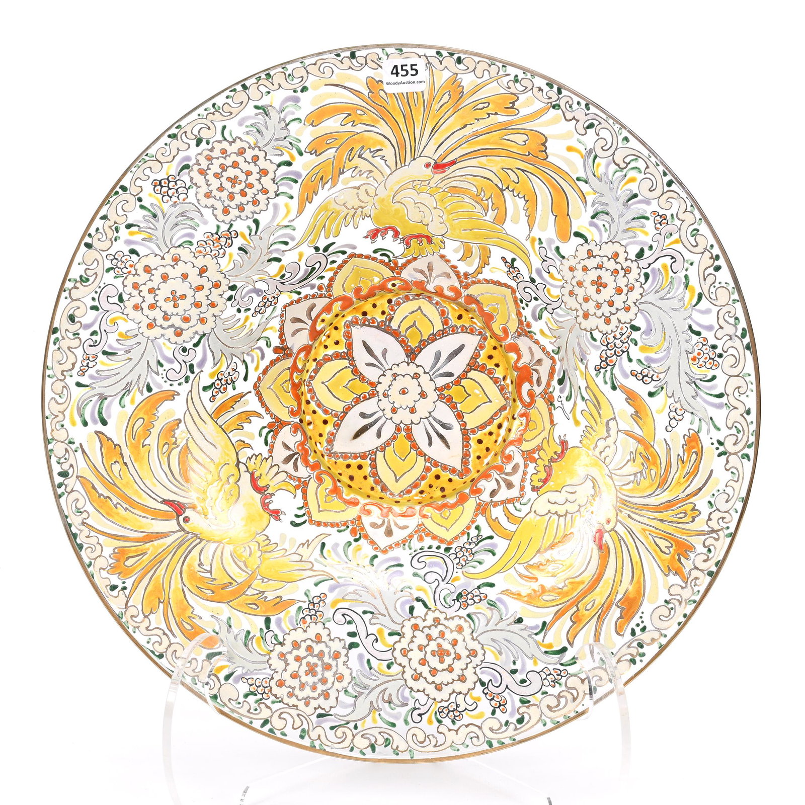 Center Bowl, Clear Spanish Art Glass: Center Bowl, Clear Spanish Art Glass, 3.25" x 15", Extensive Enamel Bird And Floral Decor, No Artist Mark Visible, Don Henson Estate, Michigan. Part 3. This auction is the final dispersal of a collect