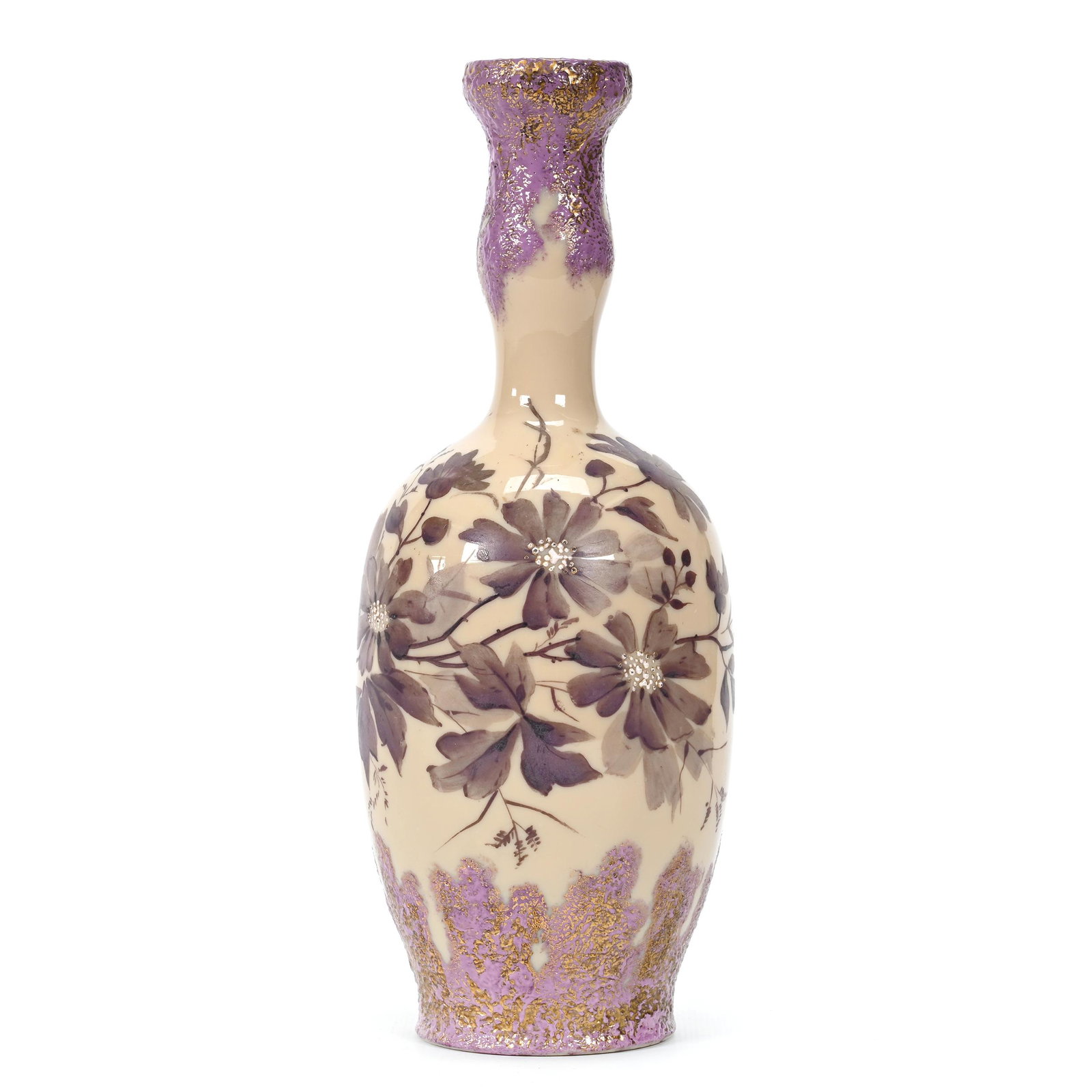 Vase, Brown Fireglow Art Glass: Vase, Brown Fireglow Art Glass, 10" x 3.5", Textured Lavender Border Design, Enamel Floral Decor, Don Henson Estate, Michigan. Part 3. This auction is the final dispersal of a collection of over 1,700