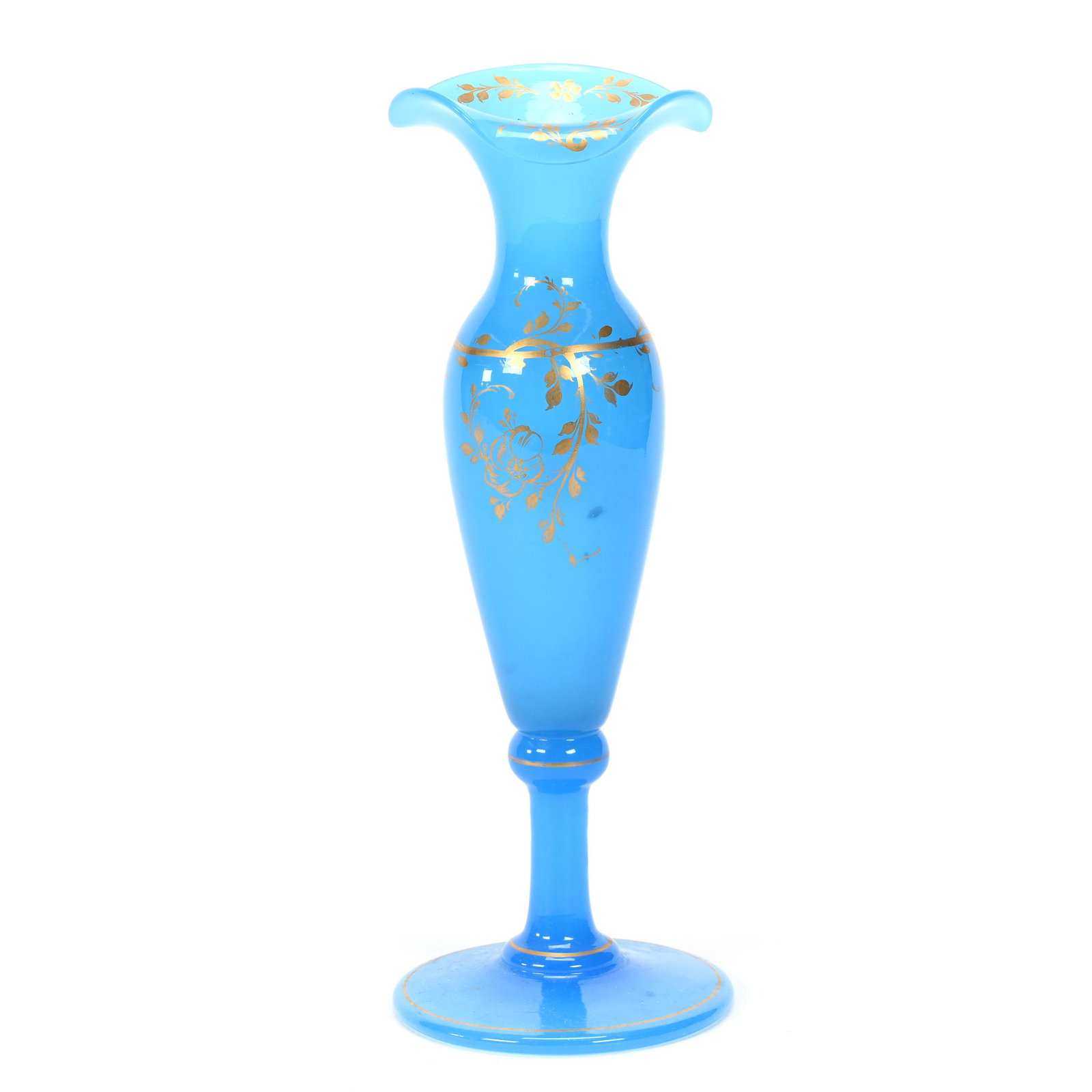 Pedestal Vase, Blue Opaline Art Glass: Pedestal Vase, Blue Opaline Art Glass, 9" x 3.5", Gold Stencil Floral Decor, Don Henson Estate, Michigan. Part 3. This auction is the final dispersal of a collection of over 1,700 items selling over a