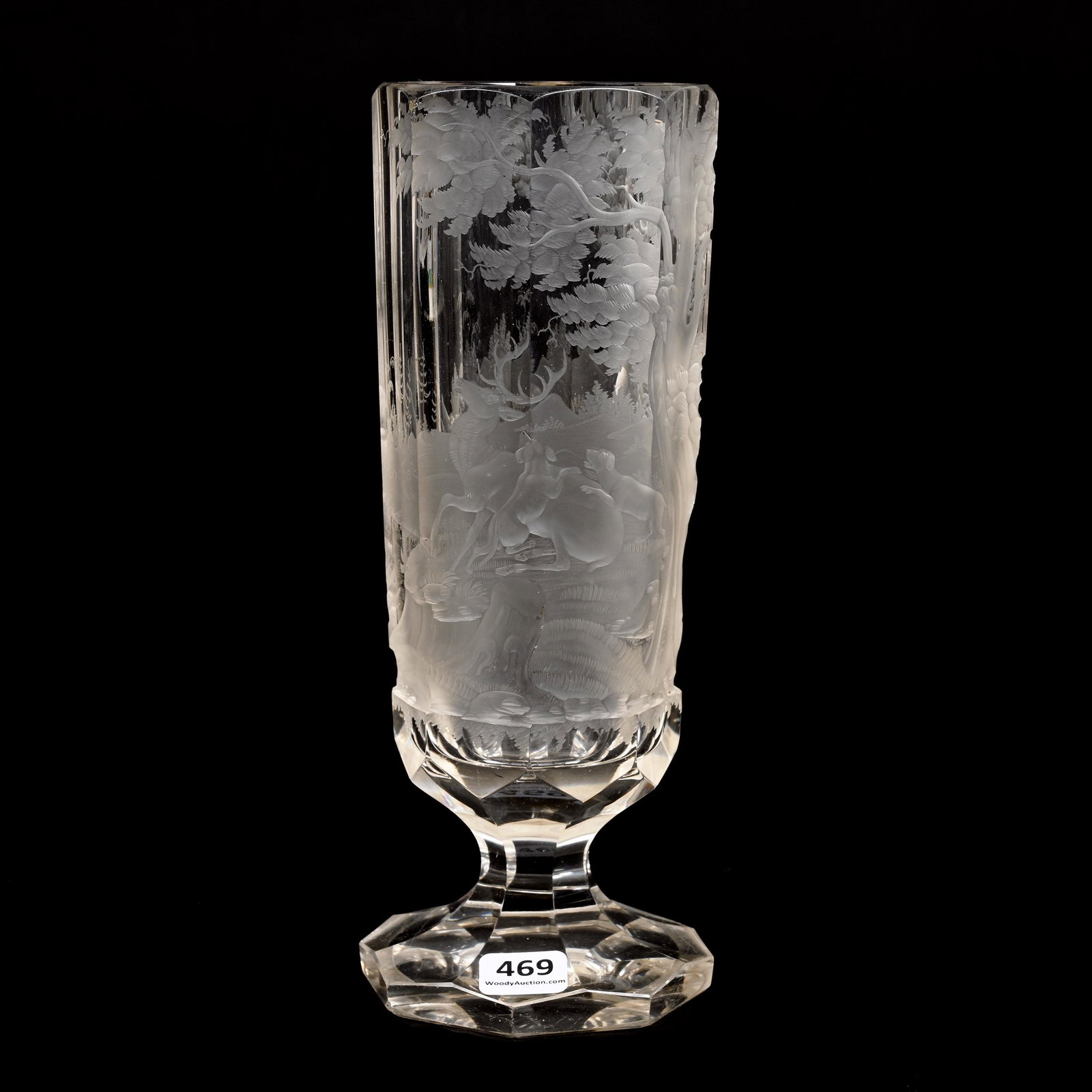 Pedestal Vase, Clear Bohemian Art Glass: Pedestal Vase, Clear Bohemian Art Glass, 9.25" x 3.5", Finely Engraved Scene Of Dogs Taking Down Stag And Boar, Don Henson Estate, Michigan. Part 3. This auction is the final dispersal of a collection