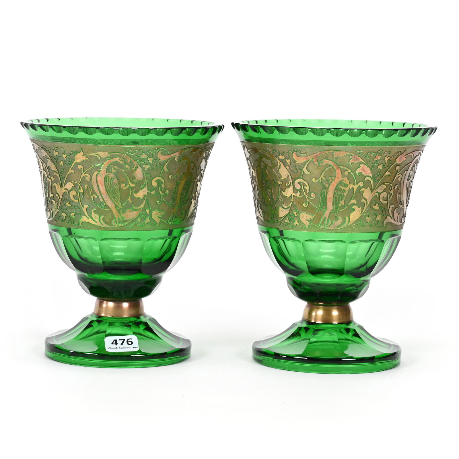 Pair Pedestal Vases, Green Bohemian Art Glass: Pair Pedestal Vases, Green Bohemian Art Glass, 6.5" x 5.5", Acid Cut Gold Band Featuring Bird Of Paradise, One Vase Has Small Surface Nick On Base Rim, Don Henson Estate, Michigan. Part 3. This auctio