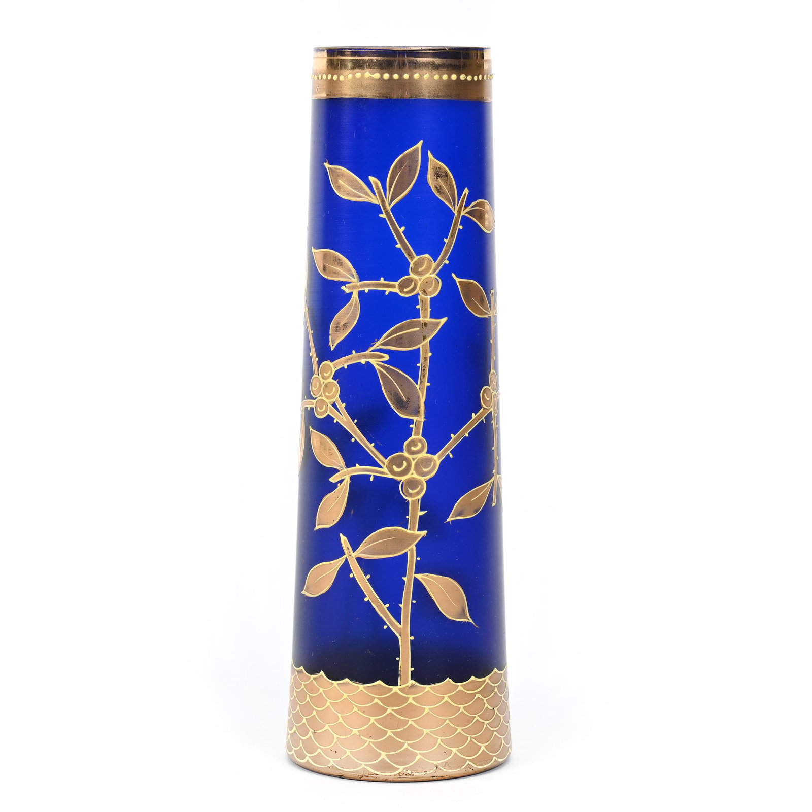 Vase, Cobalt Blue Frosted Bohemian Art Glass: Vase, Cobalt Blue Frosted Bohemian Art Glass, 8.75" x 2.5", Heavy Gold Branch And Berry Decor, Don Henson Estate, Michigan. Part 3. This auction is the final dispersal of a collection of over 1,700 it