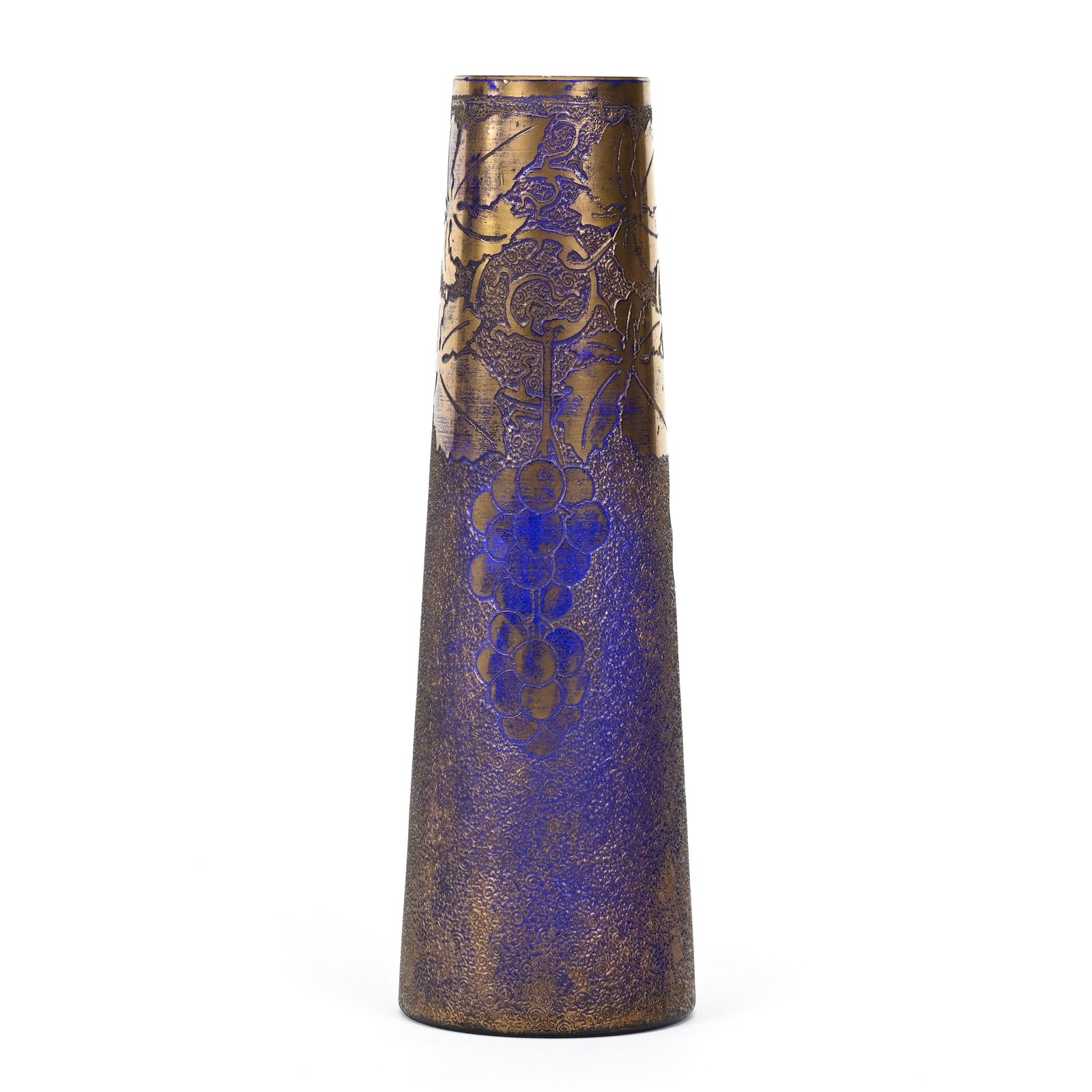 Vase, Cobalt Blue Bohemian Art Glass: Vase, Cobalt Blue Bohemian Art Glass, 11" x 3.5", Acid Cut Vintage Design, Gold Highlights, Polished Pontil Base, Don Henson Estate, Michigan. Part 3. This auction is the final dispersal of a collecti