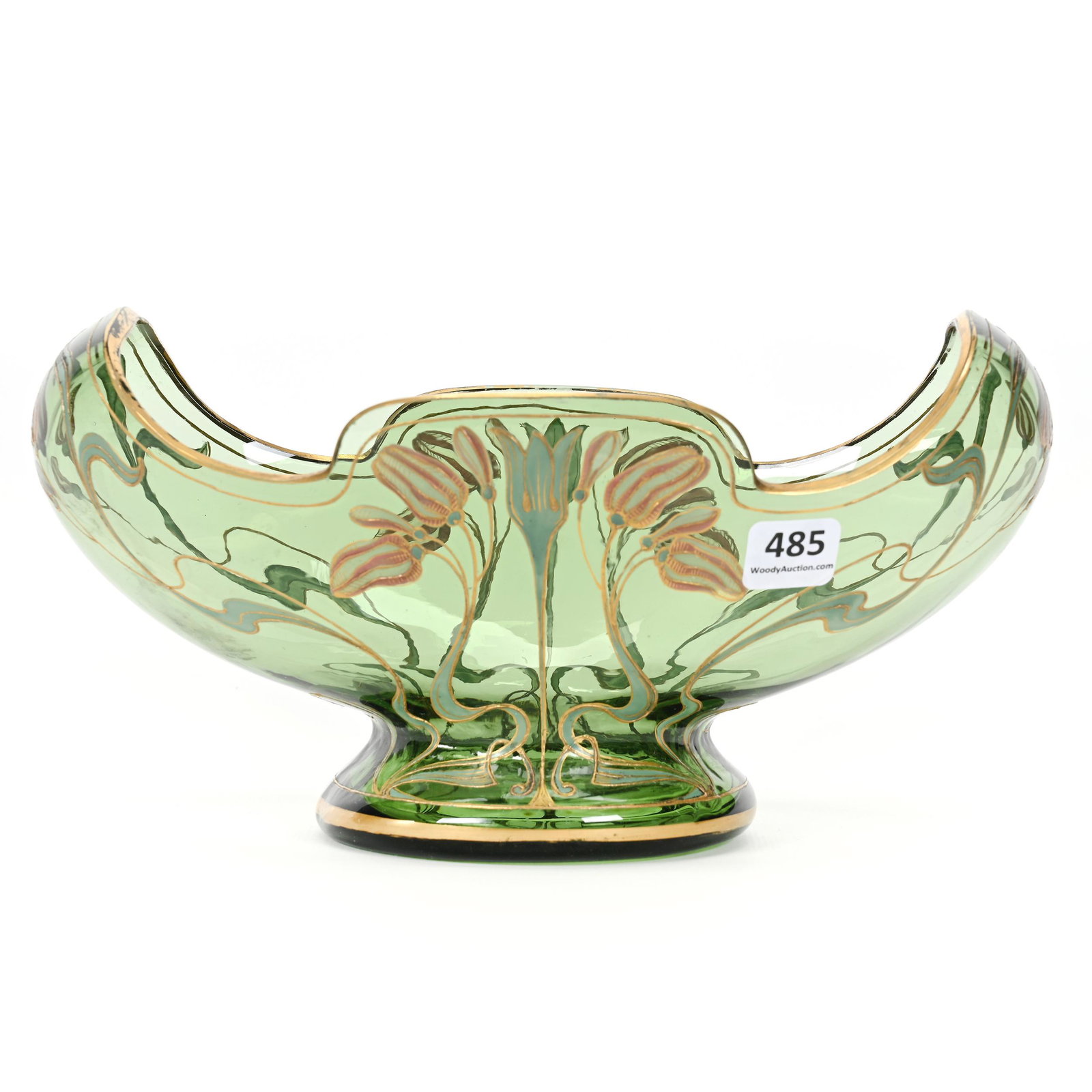 Oval Bowl, Green Bohemian Art Glass: Oval Bowl, Green Bohemian Art Glass, 5" x 9.5" x 5.75", Enamel Floral Decor, Nice Form, Don Henson Estate, Michigan. Part 3. This auction is the final dispersal of a collection of over 1,700 items sel