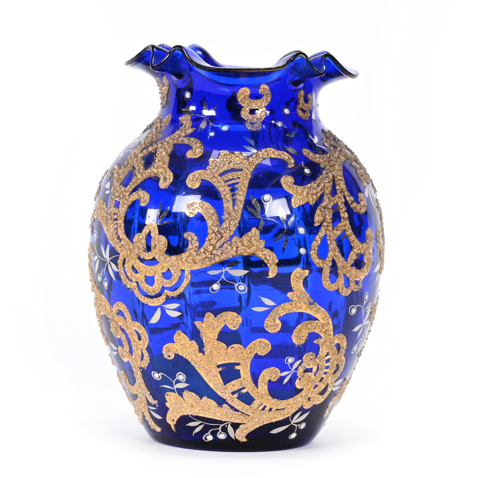 Vase, Cobalt Blue, Marked Muhlhaus Bohemian Glass: Vase, Cobalt Blue, Marked Muhlhaus Bohemian Glass, 6" x 4.25", Gold Stencil Scroll Design, Clear Coralene Highlights, Ruffled Rim, Polished Pontil Base, Don Henson Estate, Michigan. Part 3. This aucti