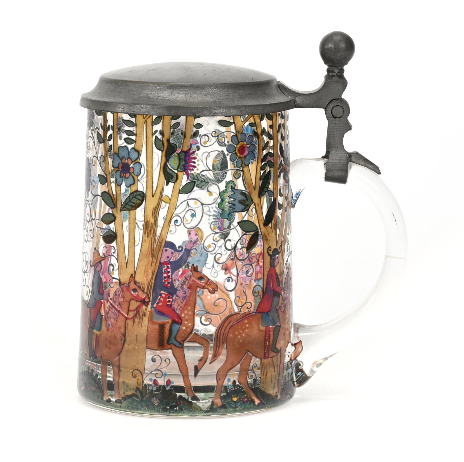 Stein, Clear Bohemian Art Glass: Stein, Clear Bohemian Art Glass, 6" x 5.25", Colorful Translucent Decor Featuring Horse Riders And Floral Design, Pewter Flip Lid, Don Henson Estate, Michigan. Part 3. This auction is the final disper
