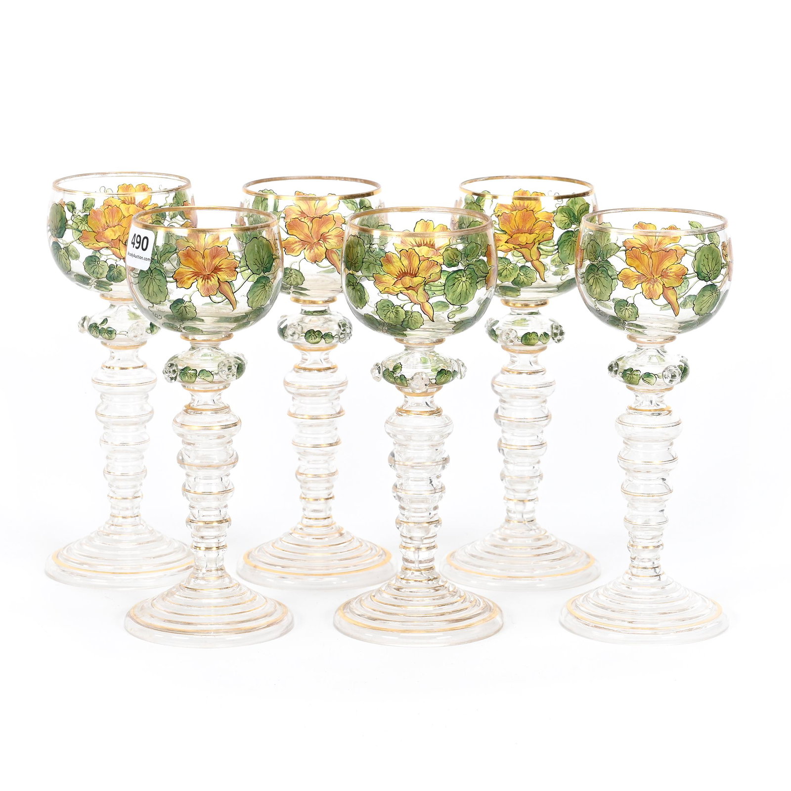 (6) Wine Stems, Clear Bohemian Art Glass: (6) Wine Stems, Clear Bohemian Art Glass, 7.5" x 3", Translucent Floral And Vine Decor, Don Henson Estate, Michigan. Part 3. This auction is the final dispersal of a collection of over 1,700 items sel