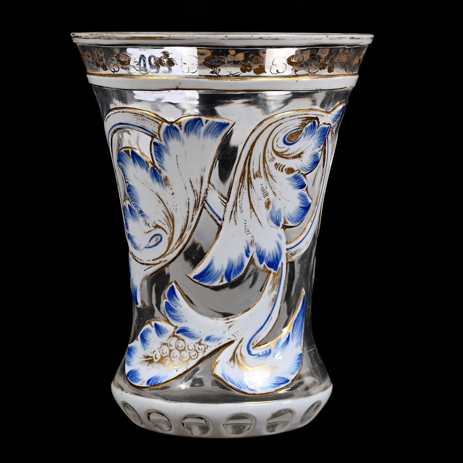 Beaker, Clear Bohemian Art Glass: Beaker, Clear Bohemian Art Glass, 4.75" x 3.75", White Cutback Overlay, Leaf Design With Blue And Gold Stencil Highlights, Polished Pontil Base, Don Henson Estate, Michigan. Part 3. This auction is th