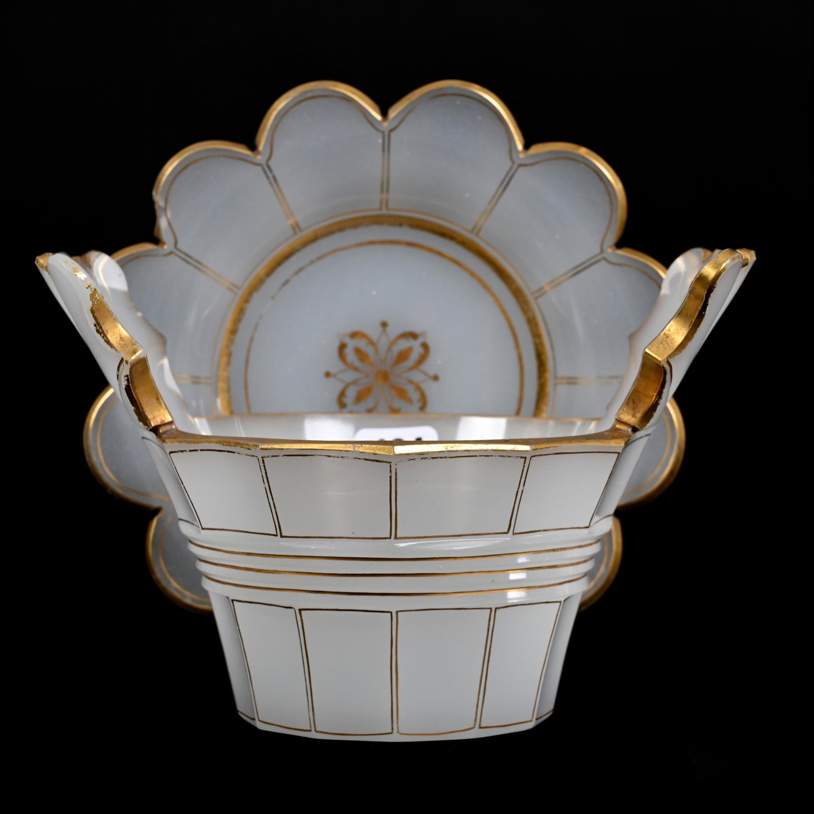 Tub With Underplate, White Opaque Bohemian Art Glass: Tub With Underplate, White Opaque Bohemian Art Glass, 5" x 7", Panel Cut Design With Gold Stencil Highlights, Polished Pontil Base, Tab Handles On Tub, Nice Quality, Don Henson Estate, Michigan. Part 