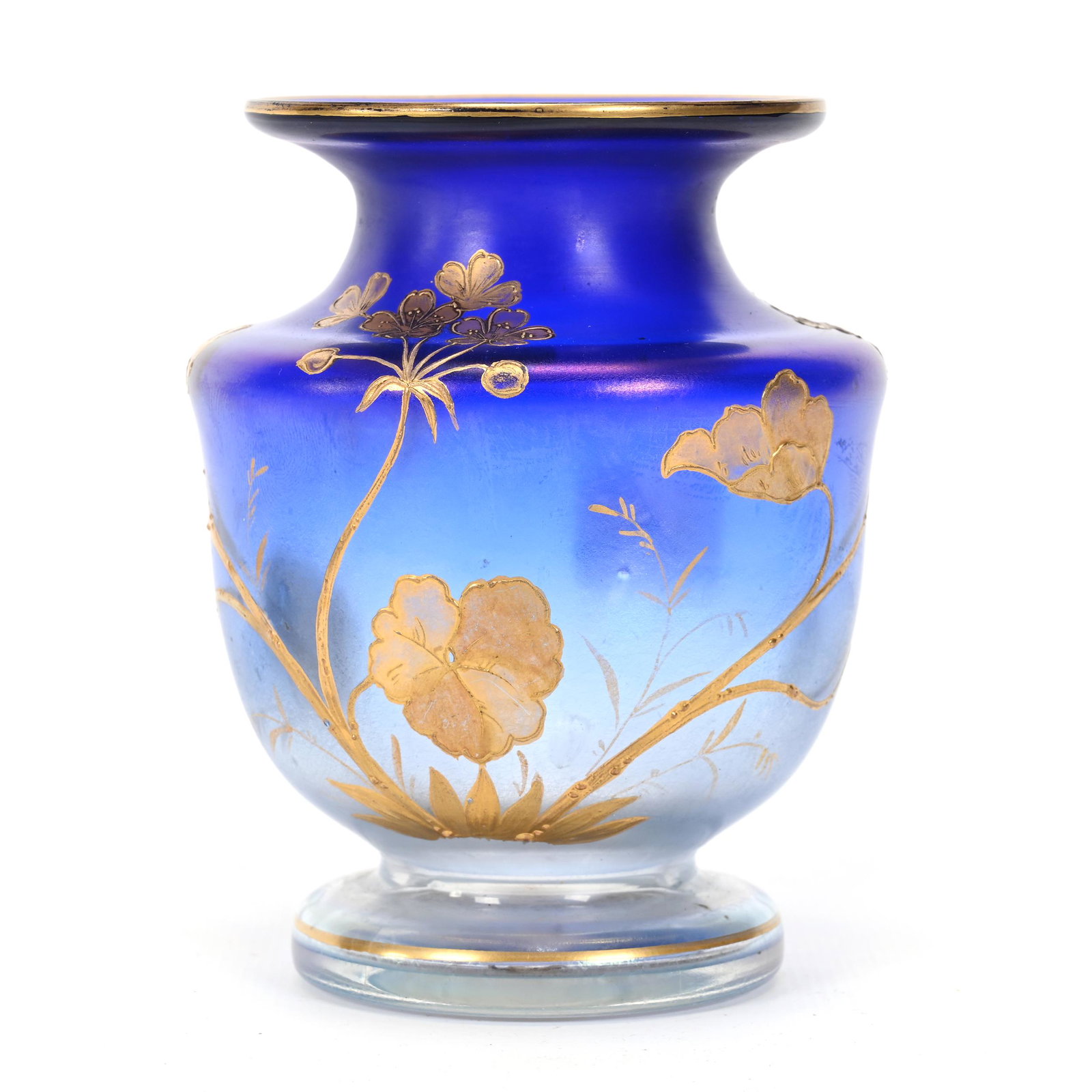 Vase, Iridescent Blue To Clear Bohemian Art Glass: Vase, Iridescent Blue To Clear Bohemian Art Glass, 4.25" x 3.25", Floral Decor, Don Henson Estate, Michigan. Part 3. This auction is the final dispersal of a collection of over 1,700 items selling ove