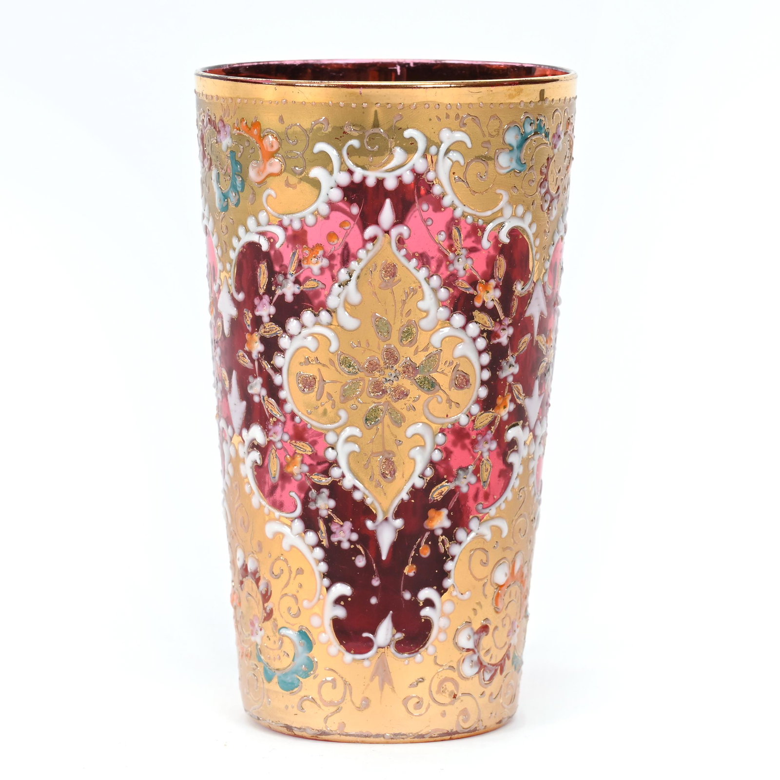 Juice Glass, Cased Cranberry Bohemian Art Glass: Juice Glass, Cased Cranberry Bohemian Art Glass, 3.5" x 2.125", Gold And Colorful Enamel Floral Decor, Don Henson Estate, Michigan. Part 3. This auction is the final dispersal of a collection of over 