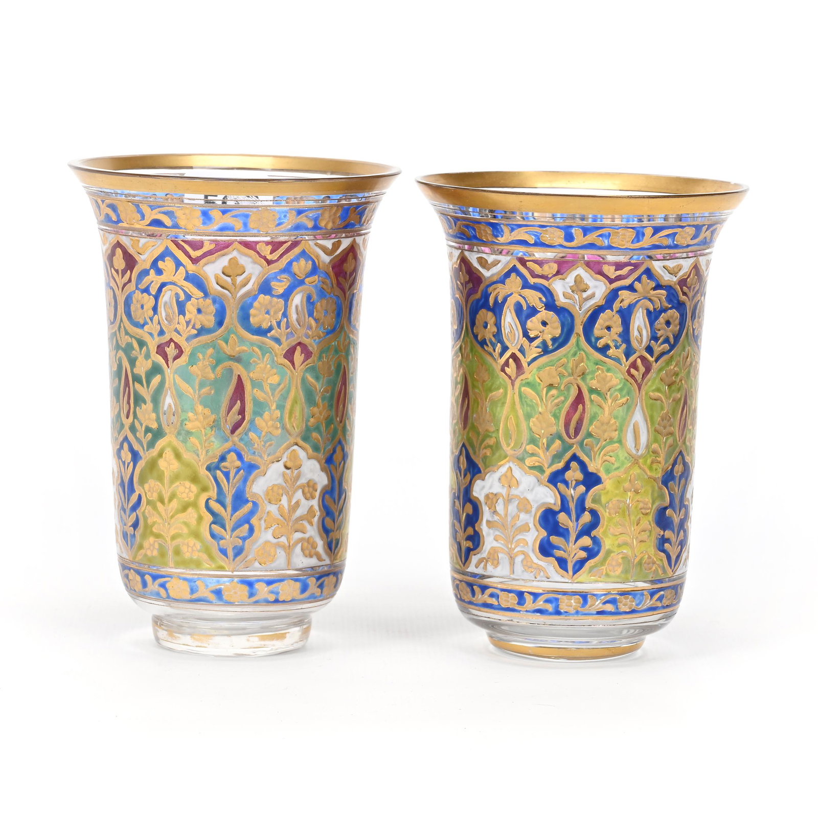 Pair Tumblers, Clear Bohemian Art Glass: Pair Tumblers, Clear Bohemian Art Glass, 4.5" x 3", Colorful Translucent Decor, One Has Outside Rim Chip, Don Henson Estate, Michigan. Part 3. This auction is the final dispersal of a collection of ov