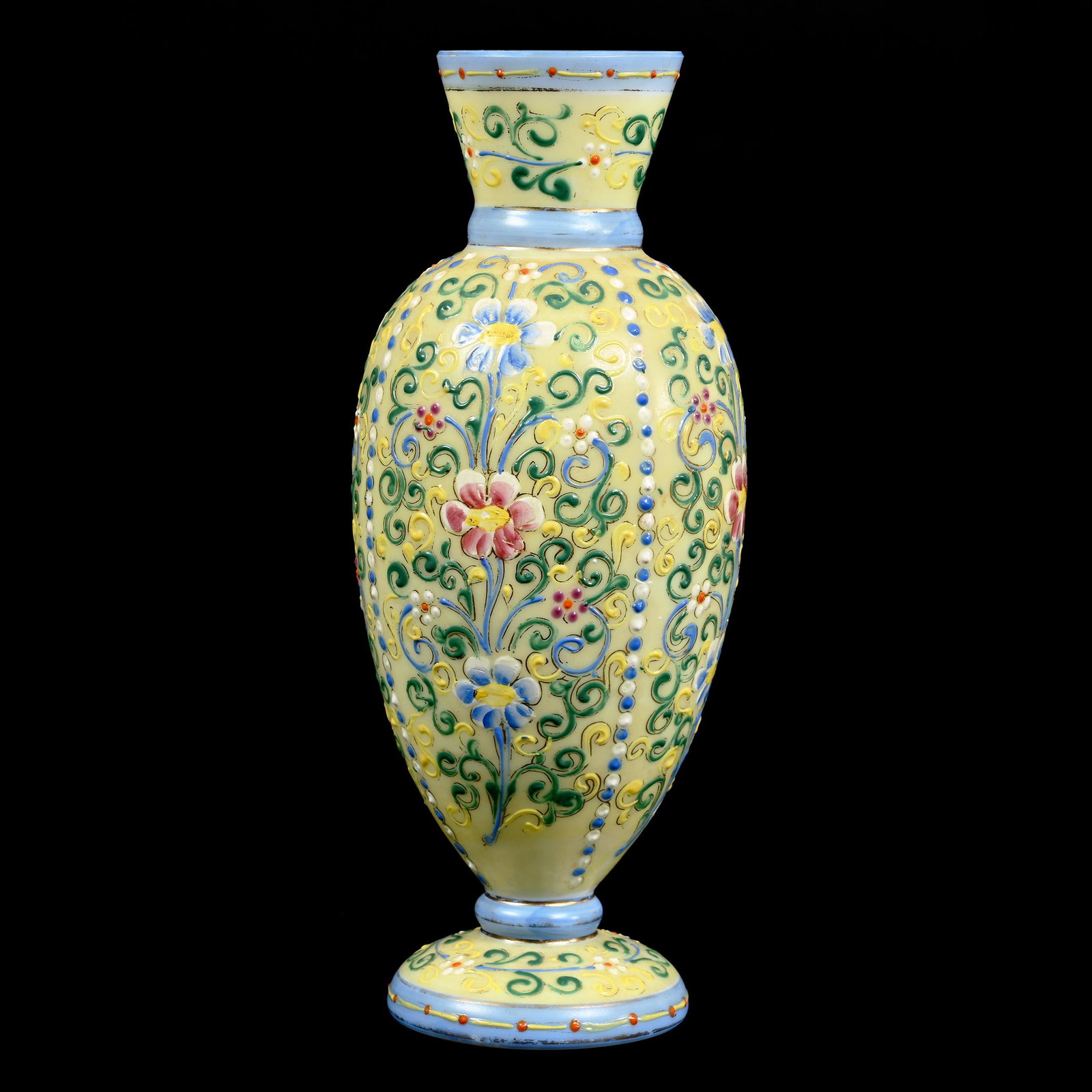 Pedestal Vase, White Opaque Art Glass: Pedestal Vase, White Opaque Art Glass, 9.25" x 3.5", Yellow And Blue Ground, Colorful Enamel Floral And Scroll Design, Don Henson Estate, Michigan. Part 3. This auction is the final dispersal of a col