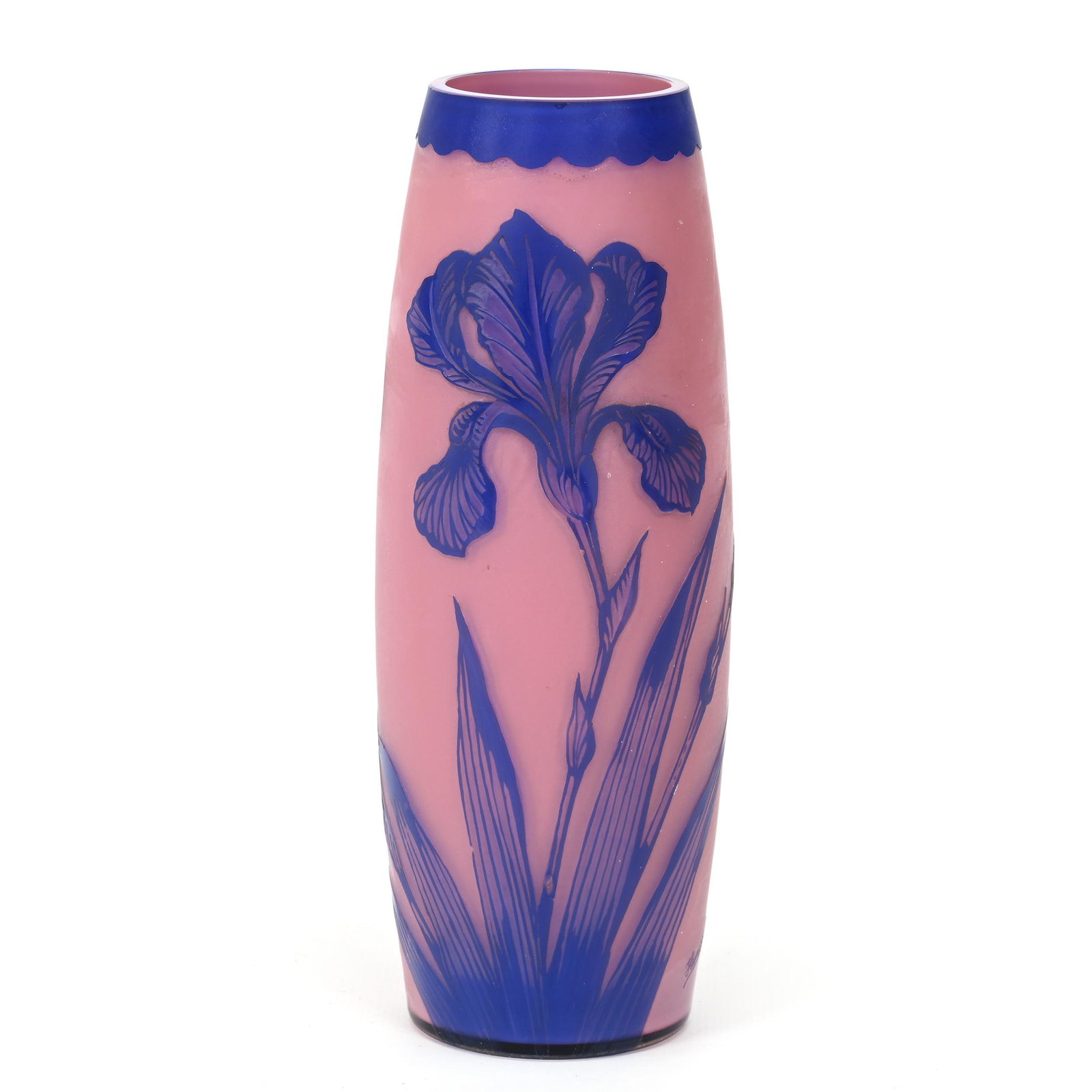 Vase Signed Harrach Bohemian Cameo Glass: Vase Signed Harrach Bohemian Cameo Glass, 7.75" x 2.75", Pink Ground, Blue Cameo Carved Iris Overlay, Nice Example, Don Henson Estate, Michigan. Part 3. This auction is the final dispersal of a collec