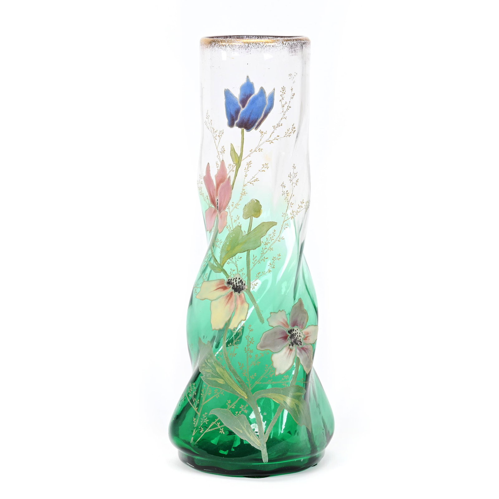 Vase, Clear Shading To Green Art Glass: Vase, Clear Shading To Green Art Glass, 12" x 4", Twist Molded Design, Heavy Enamel Floral Decor, Don Henson Estate, Michigan. Part 3. This auction is the final dispersal of a collection of over 1,700