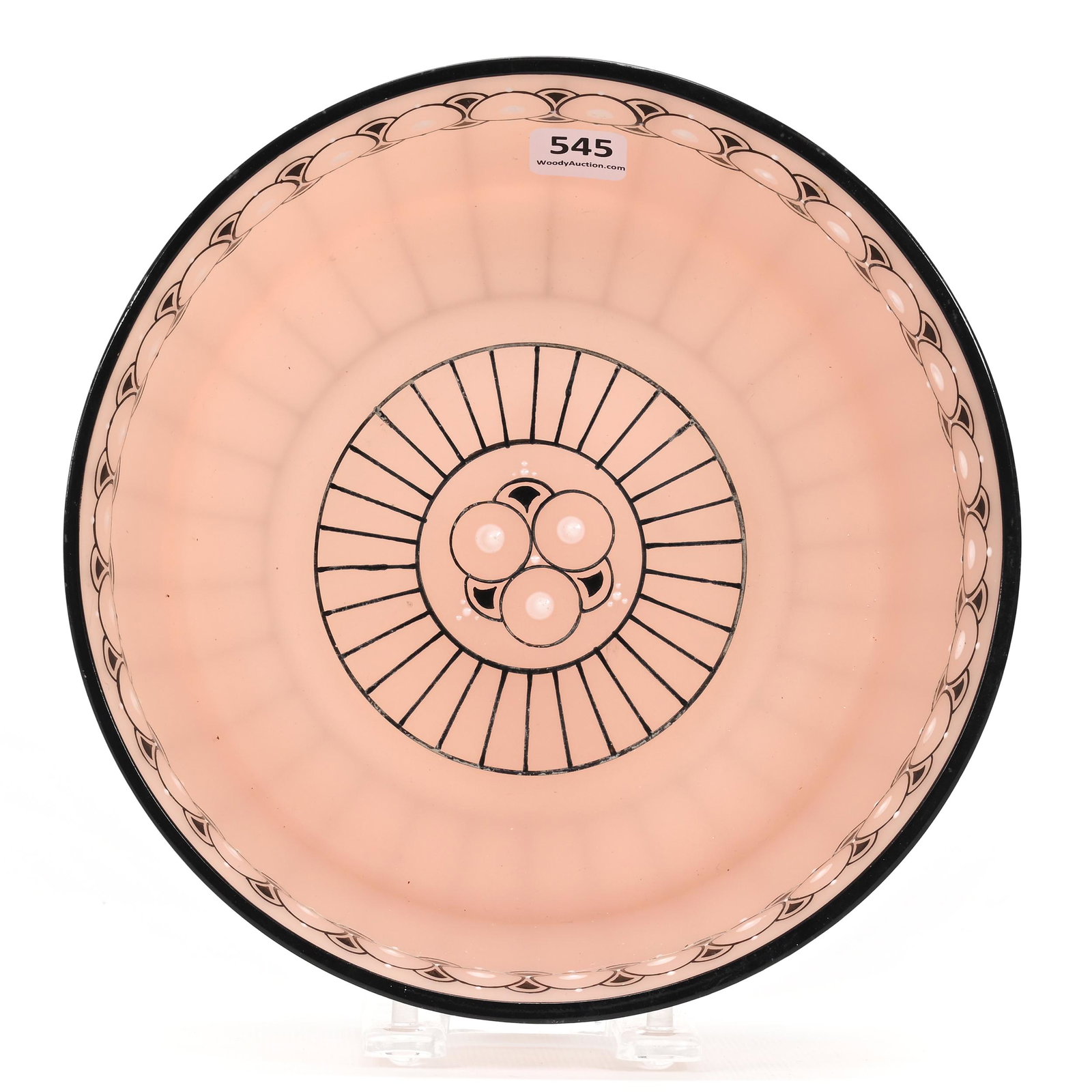 Bowl Marked Czechoslovakia Art Glass: Bowl Marked Czechoslovakia Art Glass, 3.25" x 8.25", Frosted Pink With Black And White Enamel Design, Don Henson Estate, Michigan. Part 3. This auction is the final dispersal of a collection of over 1