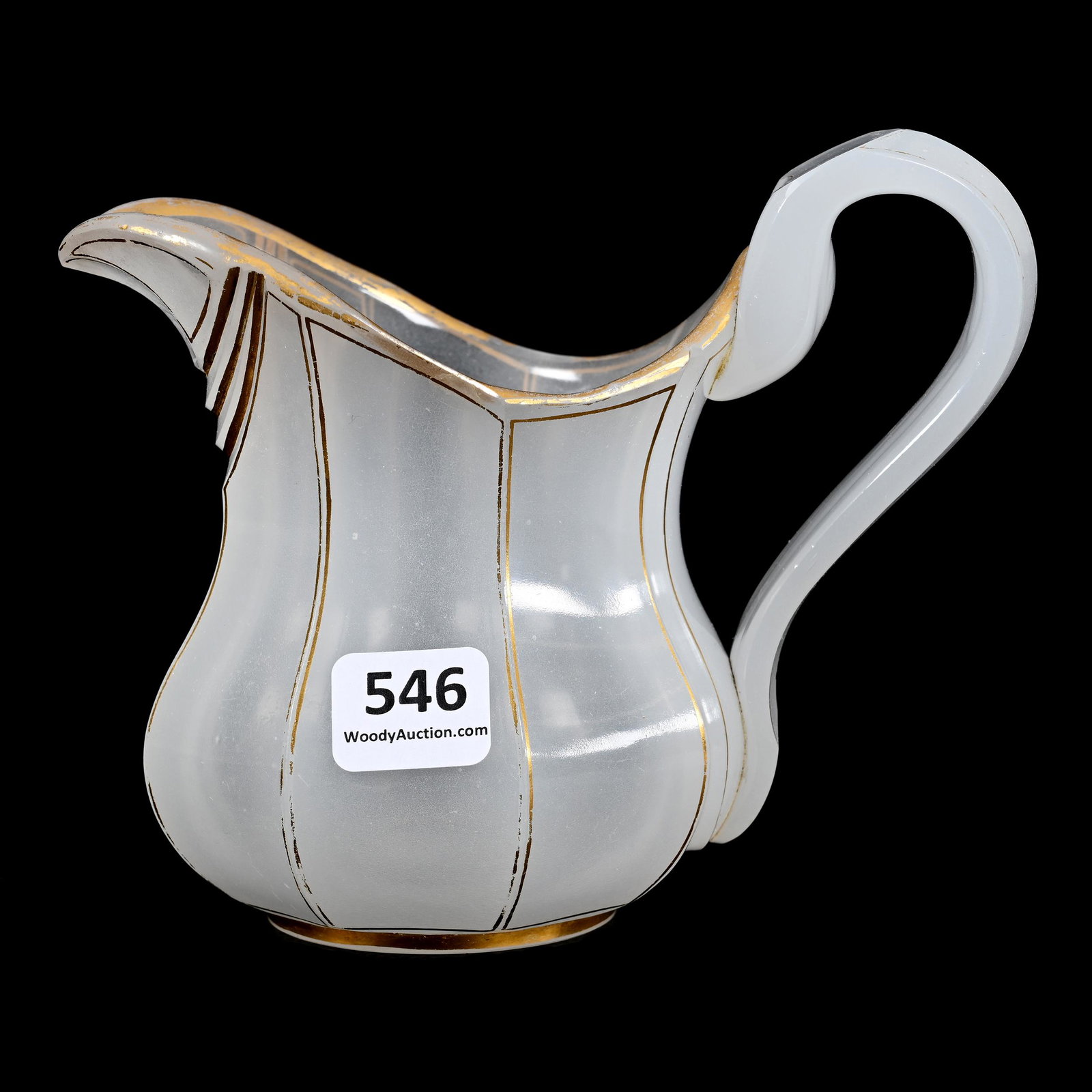 Pitcher, White Opaque Bohemian Art Glass: Pitcher, White Opaque Bohemian Art Glass, 5.25" x 5.5", Eight Panel Cut, Gold Stencil Highlights, Polished Pontil Base, Don Henson Estate, Michigan. Part 3. This auction is the final dispersal of a co