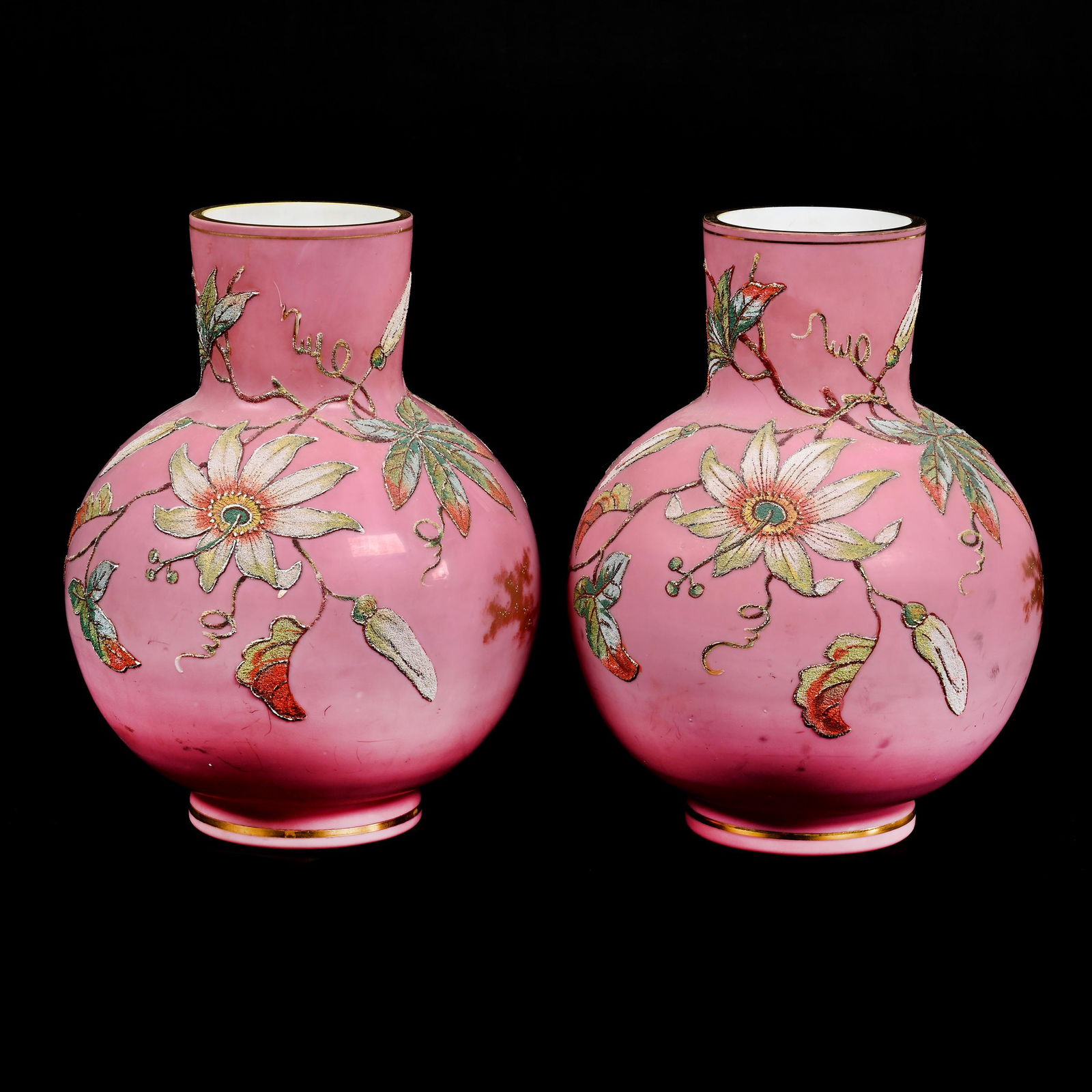 Pair Vases, Pink Art Glass, White Opal Interior (1 of 3)