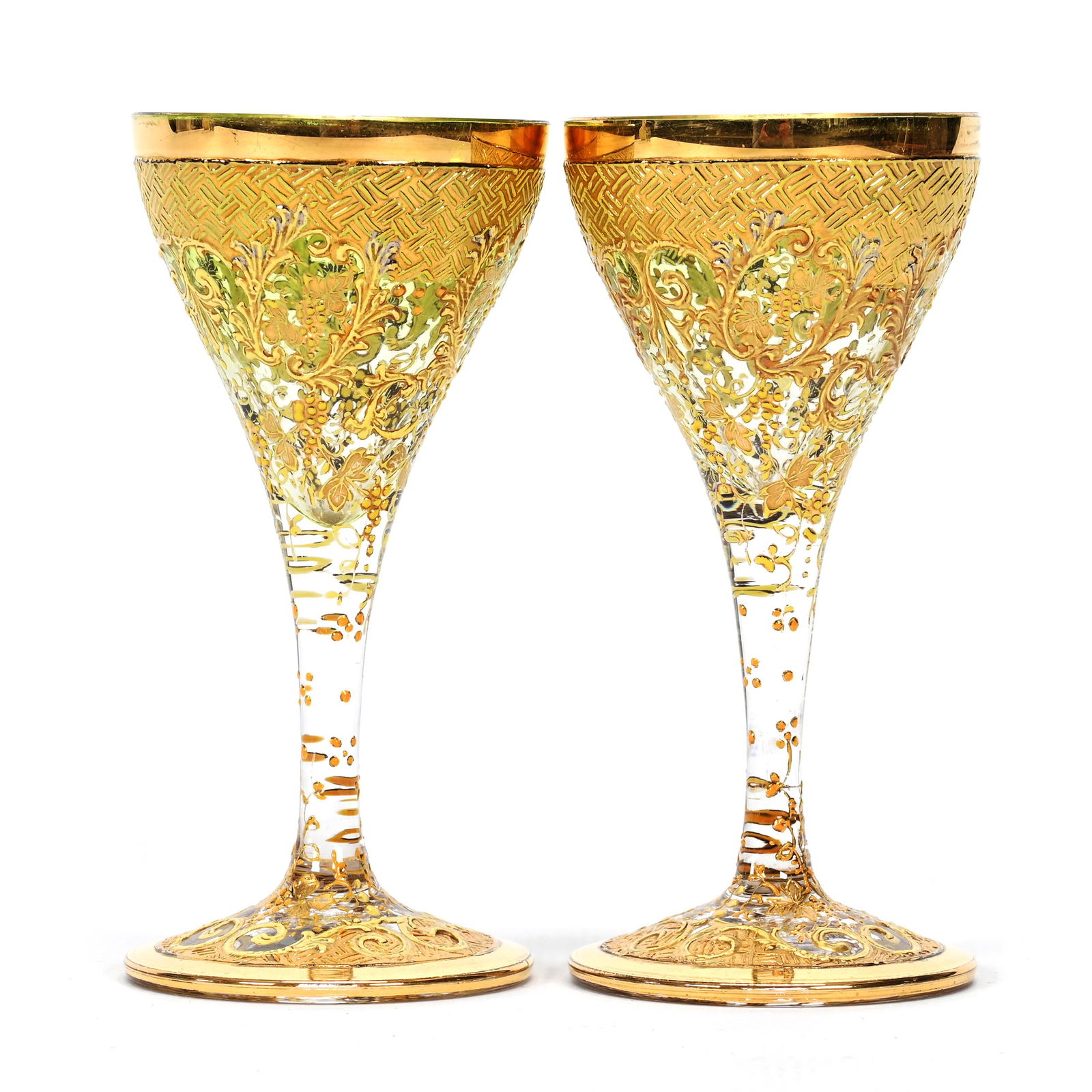 Pair Cordial Stems, Green To Clear Bohemian Glass (1 of 3)