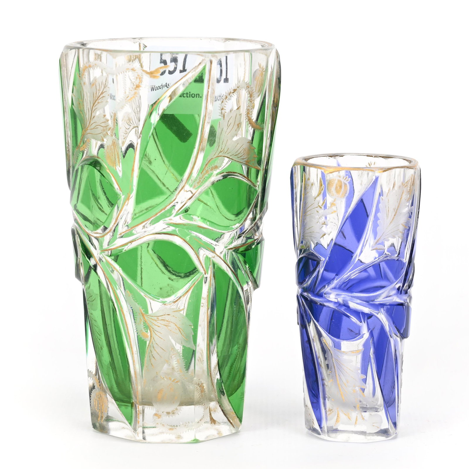 (2) Tumblers, Clear Bohemian Art Glass: (2) Tumblers, Clear Bohemian Art Glass, Color Overlay Design, (1) 4" With Green Leaf Design And Engraved Thistle Decor, (1) 2.75" With Amethyst Leaf Design And Engraved Thistle Decor, Don Henson Estat
