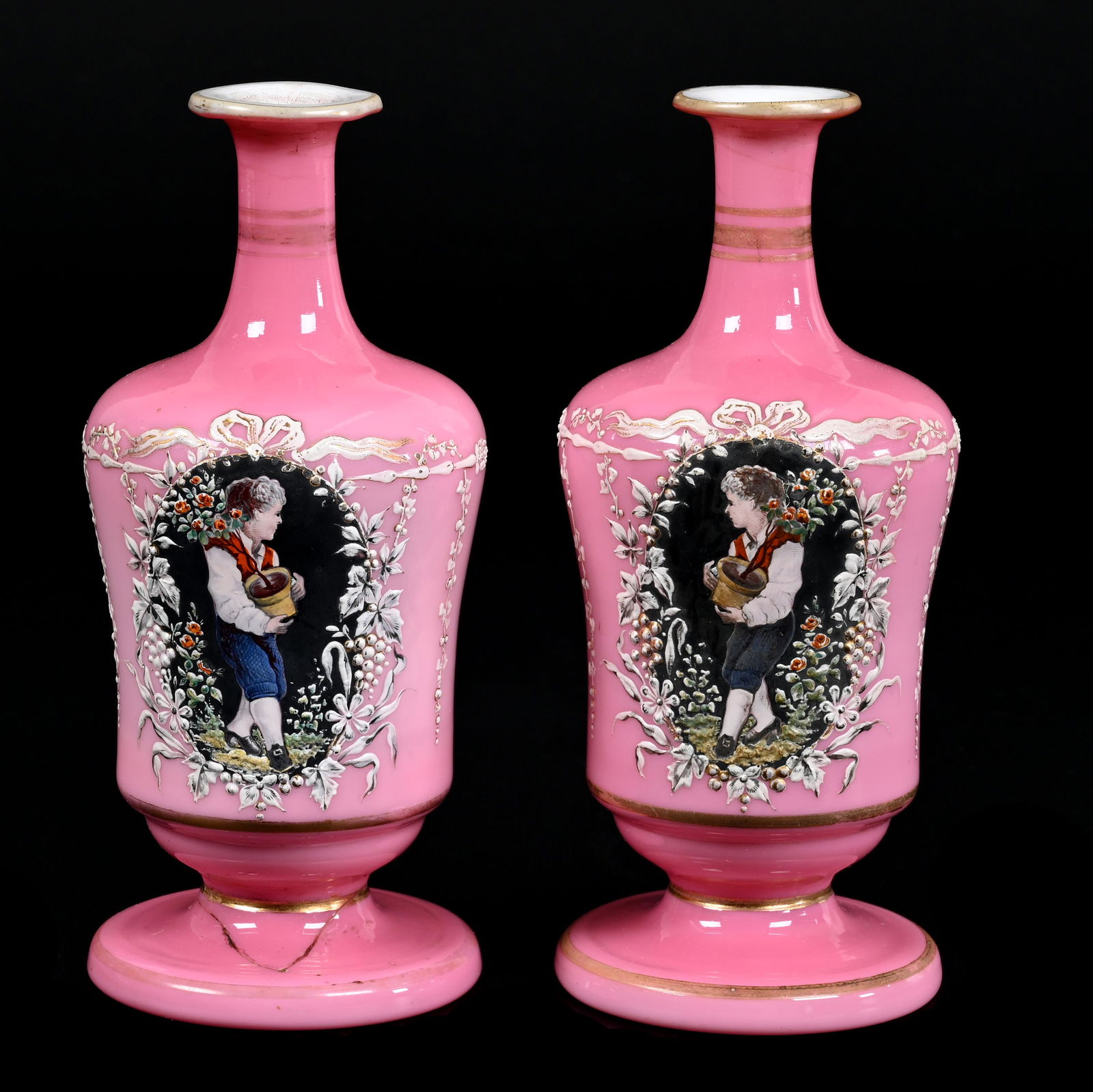 Pair Pedestal Colognes, Cased Pink Over White (1 of 5)