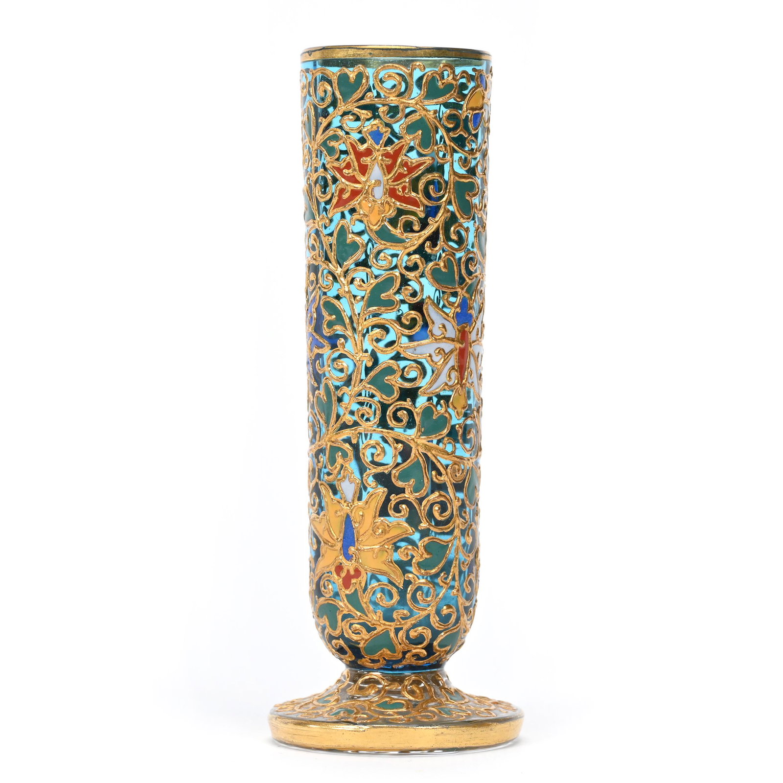 Bud Vase, Blue Shading To Clear Bohemian Art Glass: Bud Vase, Blue Shading To Clear Bohemian Art Glass, 4" x 1.5", Extensive Colorful Floral And Scroll Design, Don Henson Estate, Michigan. Part 3. This auction is the final dispersal of a collection of 