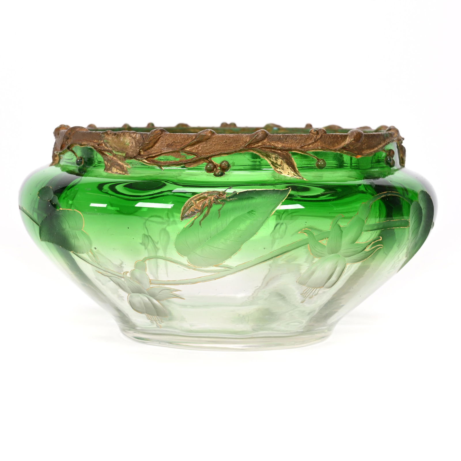 Bowl Signed Daum Nancy French Cameo Art Glass: Bowl Signed Daum Nancy French Cameo Art Glass, 4" x 7.5", Green Shading To Clear, Deeply Engraved Floral Vine Decor, Insect And Raised Leaf Enameled Border, Rim Touch-Up With Outside Rim Repair, Don H