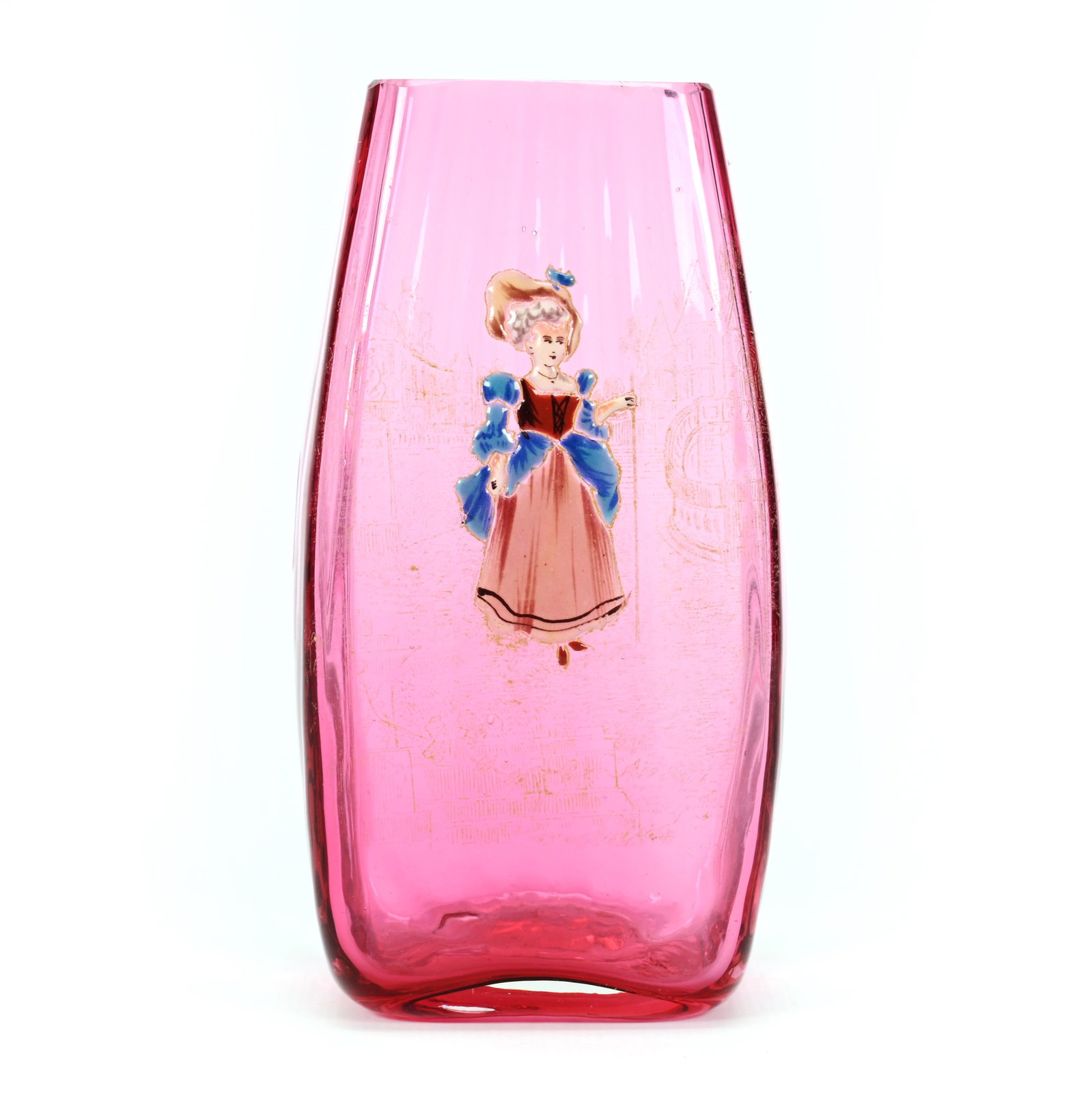 Vase, Cranberry Bohemian Art Glass: Vase, Cranberry Bohemian Art Glass, 5.25" x 2.75", By Rossler, Heavy Enamel Scene Of Woman, Optic Ribbed Design, Square Form, Interior Open Bubble On Base, Don Henson Estate, Michigan. Part 3. This au