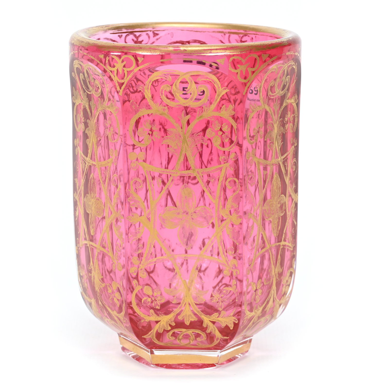 Beaker, Cased Cranberry Bohemian Art Glass: Beaker, Cased Cranberry Bohemian Art Glass, 4.5" x 3.25", Six Panel Cuts, Gold Stencil Floral And Scroll Design, Don Henson Estate, Michigan. Part 3. This auction is the final dispersal of a collectio