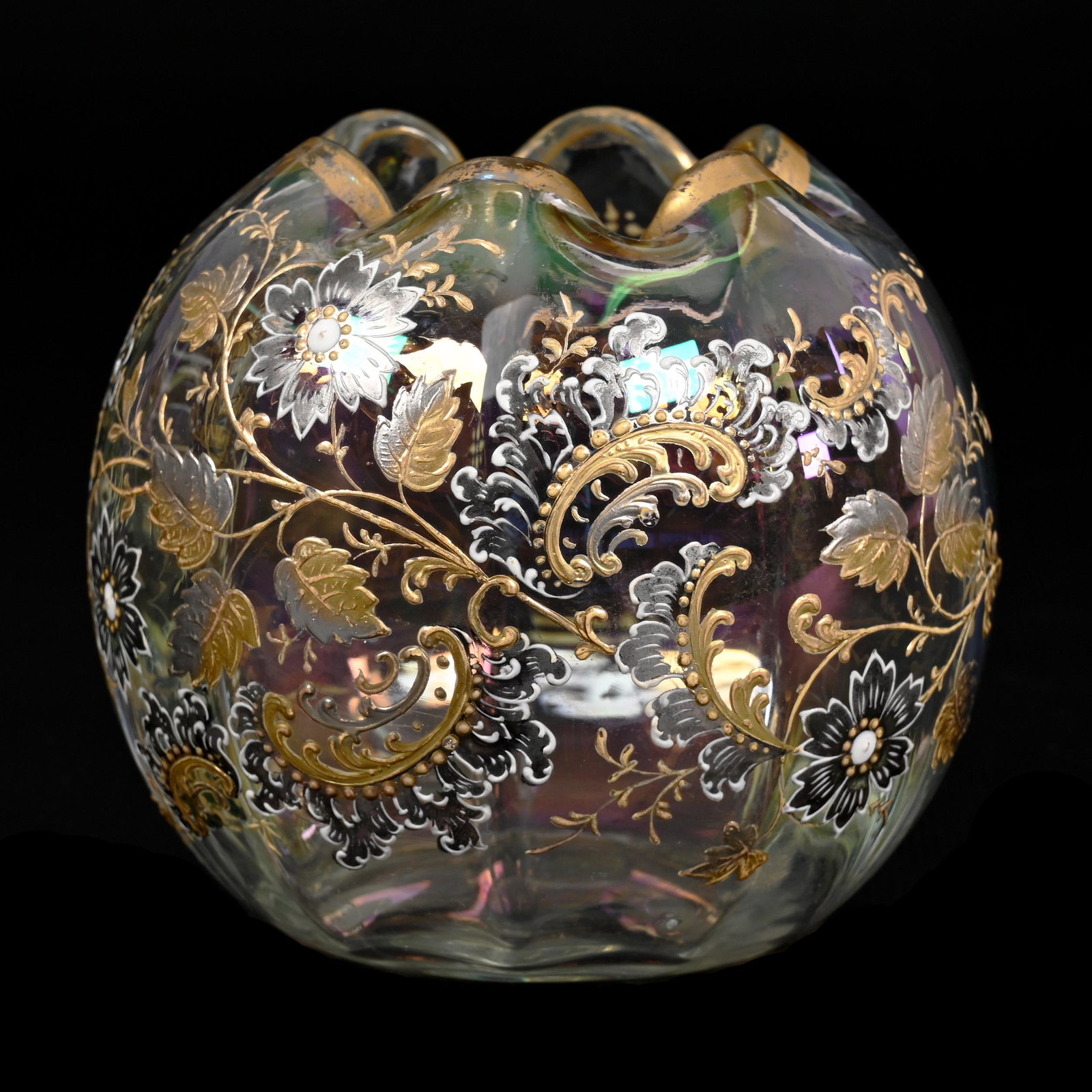 Rose Bowl, Clear Iridescent Bohemian Art Glass: Rose Bowl, Clear Iridescent Bohemian Art Glass, 3.75" x 4", Gold And Silver Enamel Blossom And Scroll Decor, Polished Pontil Base, Don Henson Estate, Michigan. Part 3. This auction is the final disper