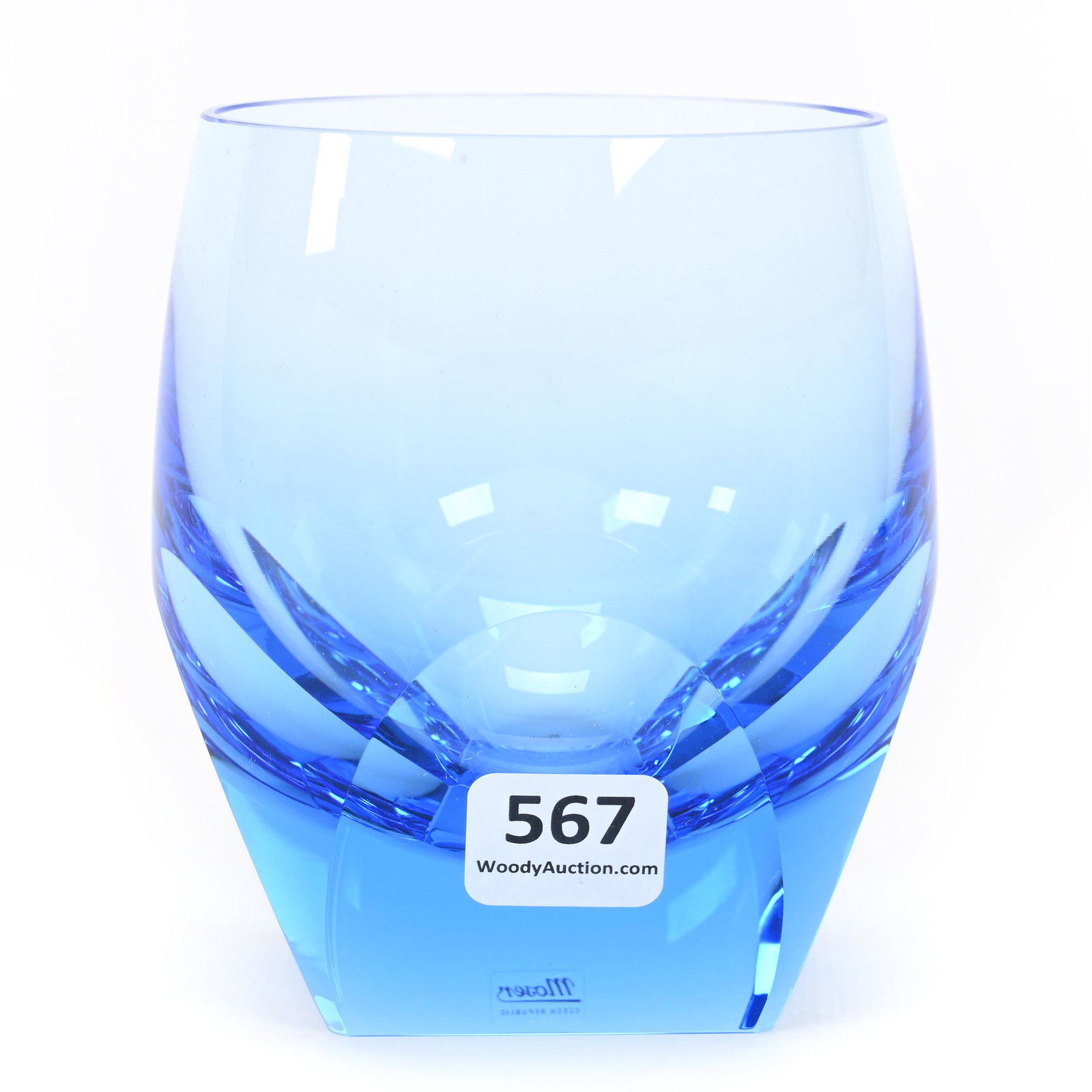 Whiskey Tumbler, Solid Blue, Marked Moser: Whiskey Tumbler, Solid Blue, Marked Moser, 4" x 3.5", Four Panel Cut Sides, Selling With Original Moser Box, Don Henson Estate, Michigan. Part 3. This auction is the final dispersal of a collection of