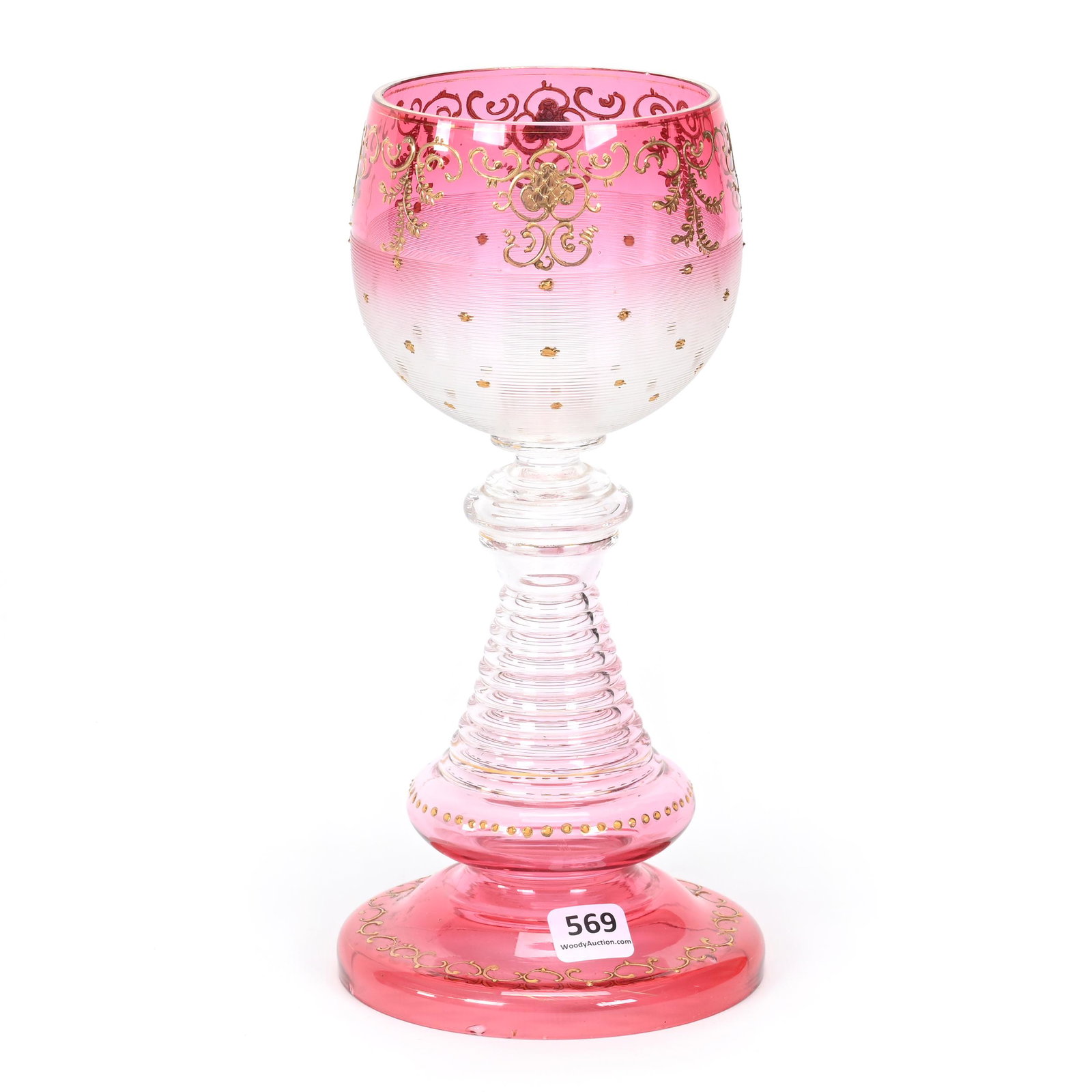 Chalice, Rubina Bohemian Art Glass: Chalice, Rubina Bohemian Art Glass, 10" x 4.75", Gold Enamel Floral And Scroll Design, Applied Fine Threading Around Bowl, Some Interior Rim Chips On Base, Don Henson Estate, Michigan. Part 3. This au