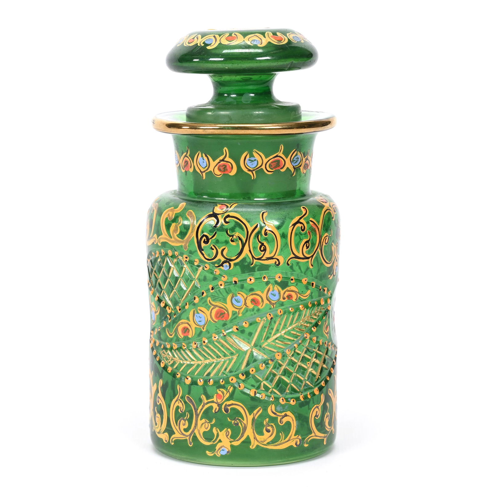 Covered Jar, Green Bohemian Art Glass (1 of 3)