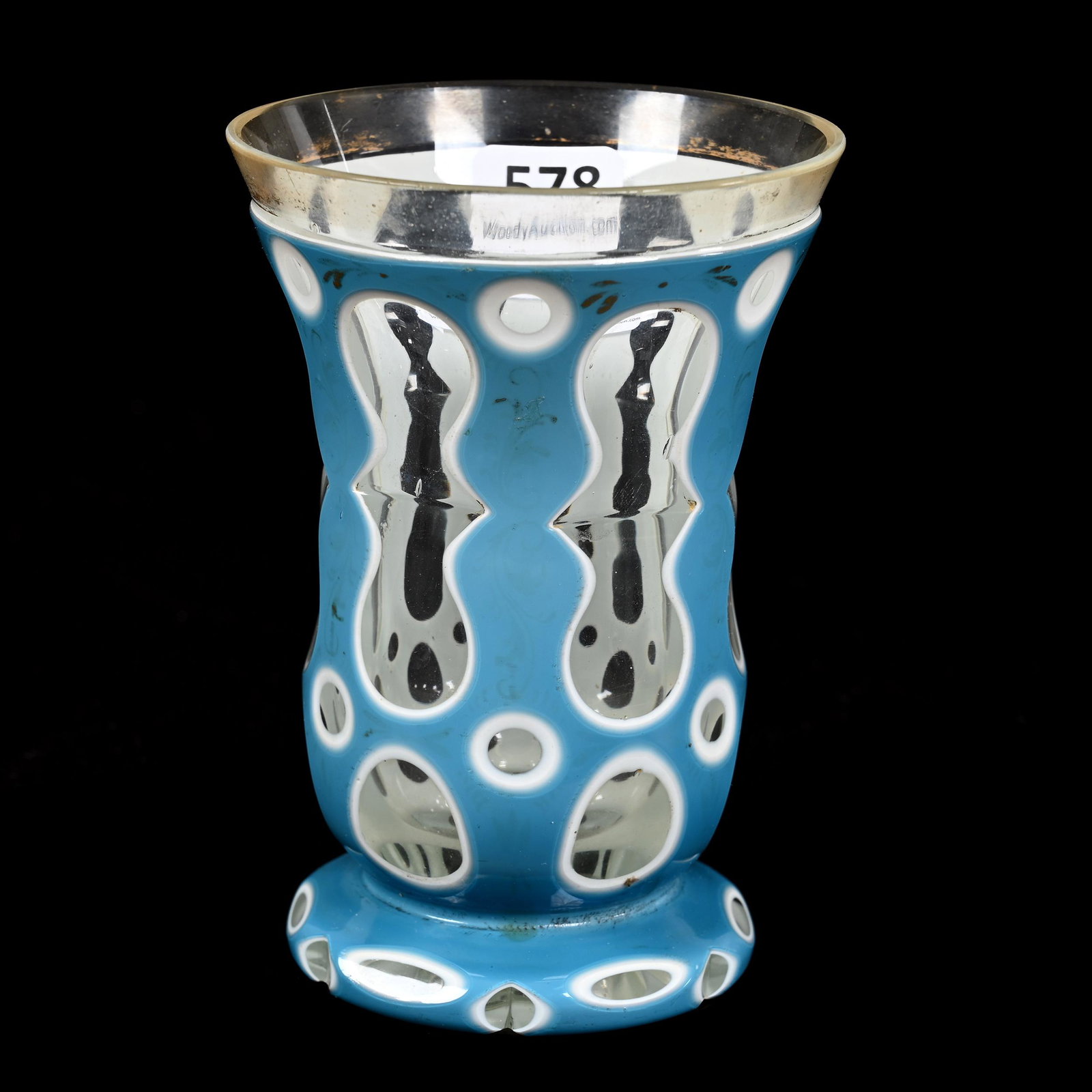 Beaker, Clear Bohemian Art Glass: Beaker, Clear Bohemian Art Glass, 4.75" x 3.25", White And Blue Cutback Overlay, Don Henson Estate, Michigan. Part 3. This auction is the final dispersal of a collection of over 1,700 items selling ov