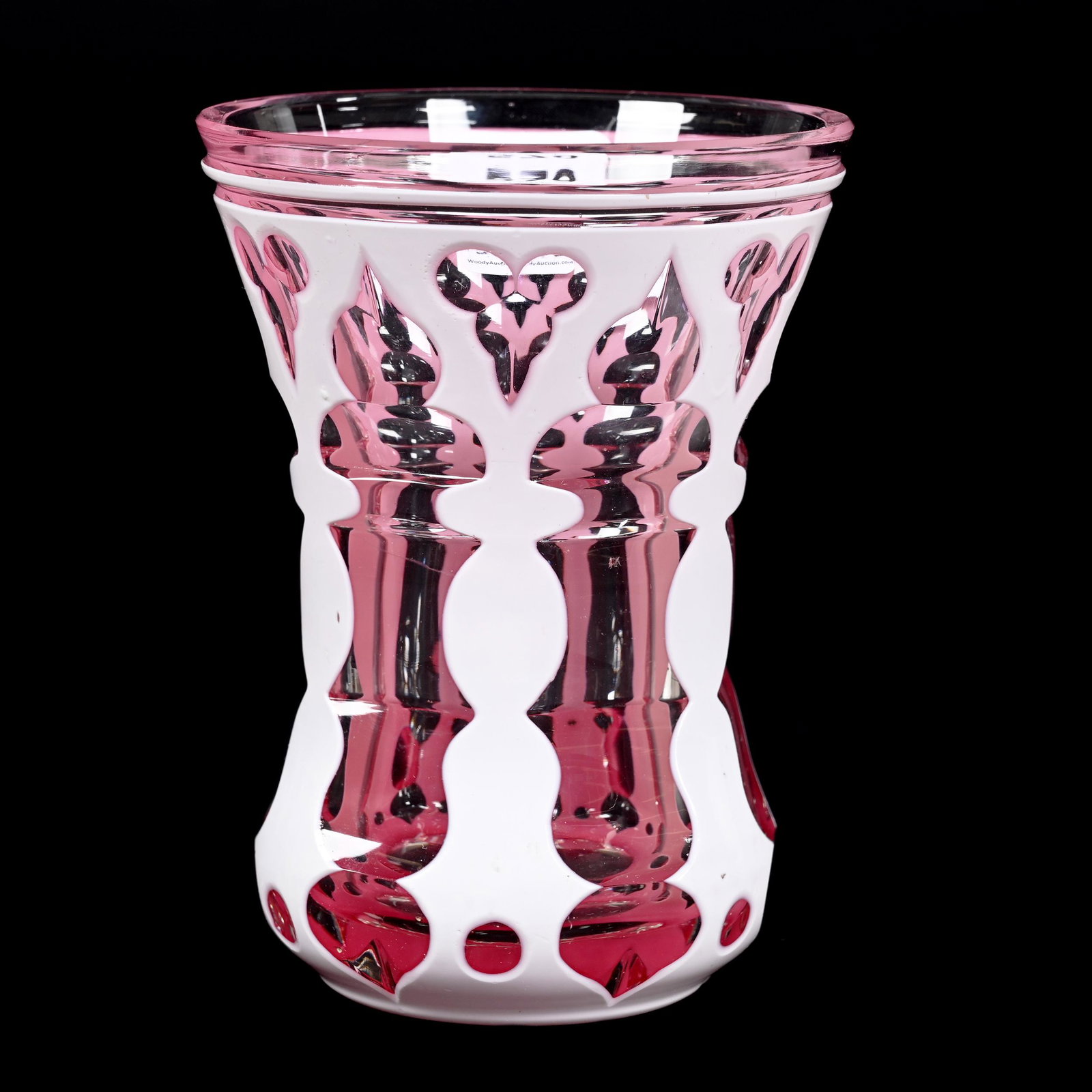 Beaker, Clear Bohemian Art Glass: Beaker, Clear Bohemian Art Glass, 4.5" x 3.25", Pink And White Cutback Overlay, Don Henson Estate, Michigan. Part 3. This auction is the final dispersal of a collection of over 1,700 items selling ove