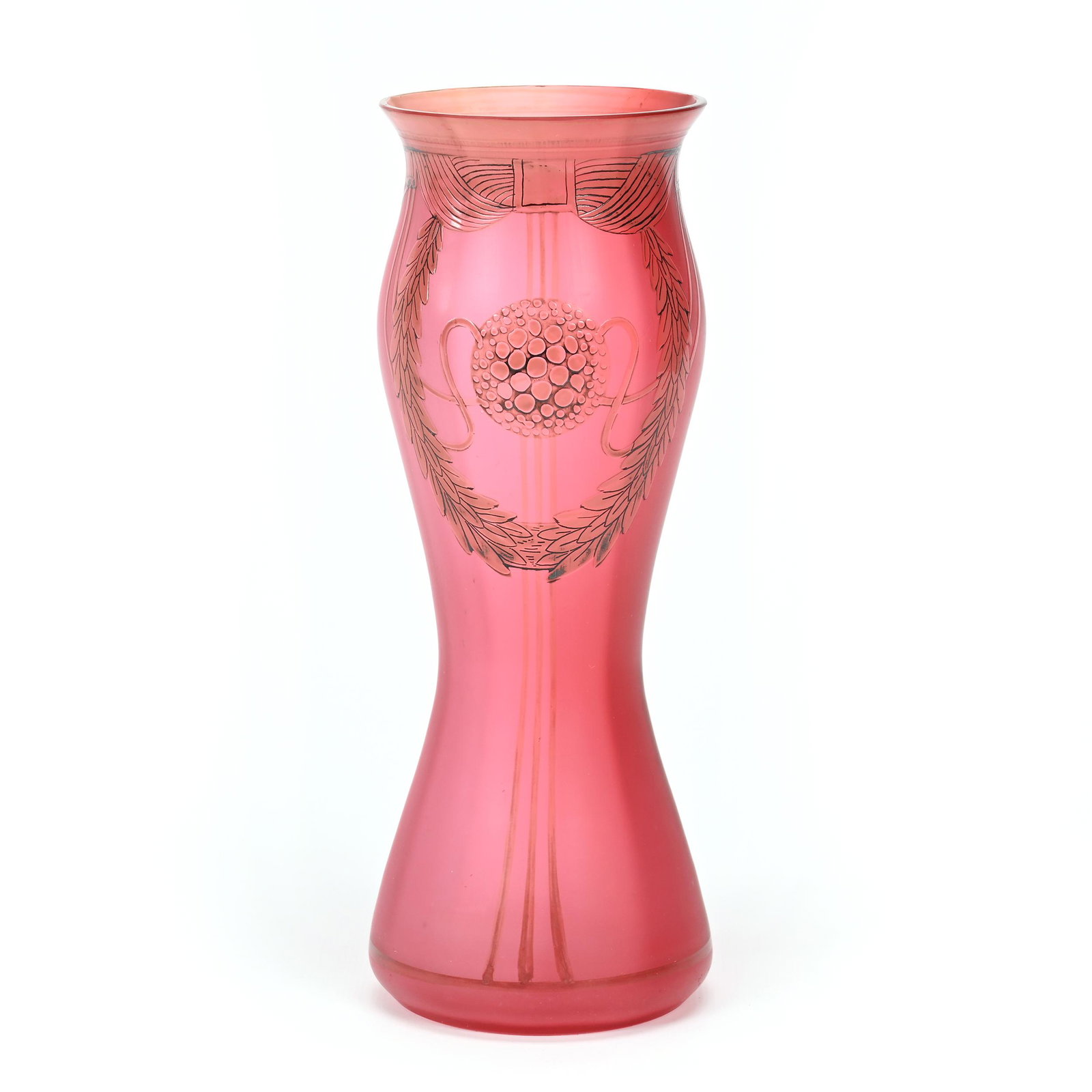 Vase, Cranberry Frosted Art Glass: Vase, Cranberry Frosted Art Glass, 8.75" x 3", Wreath And Ribbon Design, Unusual, Don Henson Estate, Michigan. Part 3. This auction is the final dispersal of a collection of over 1,700 items selling o