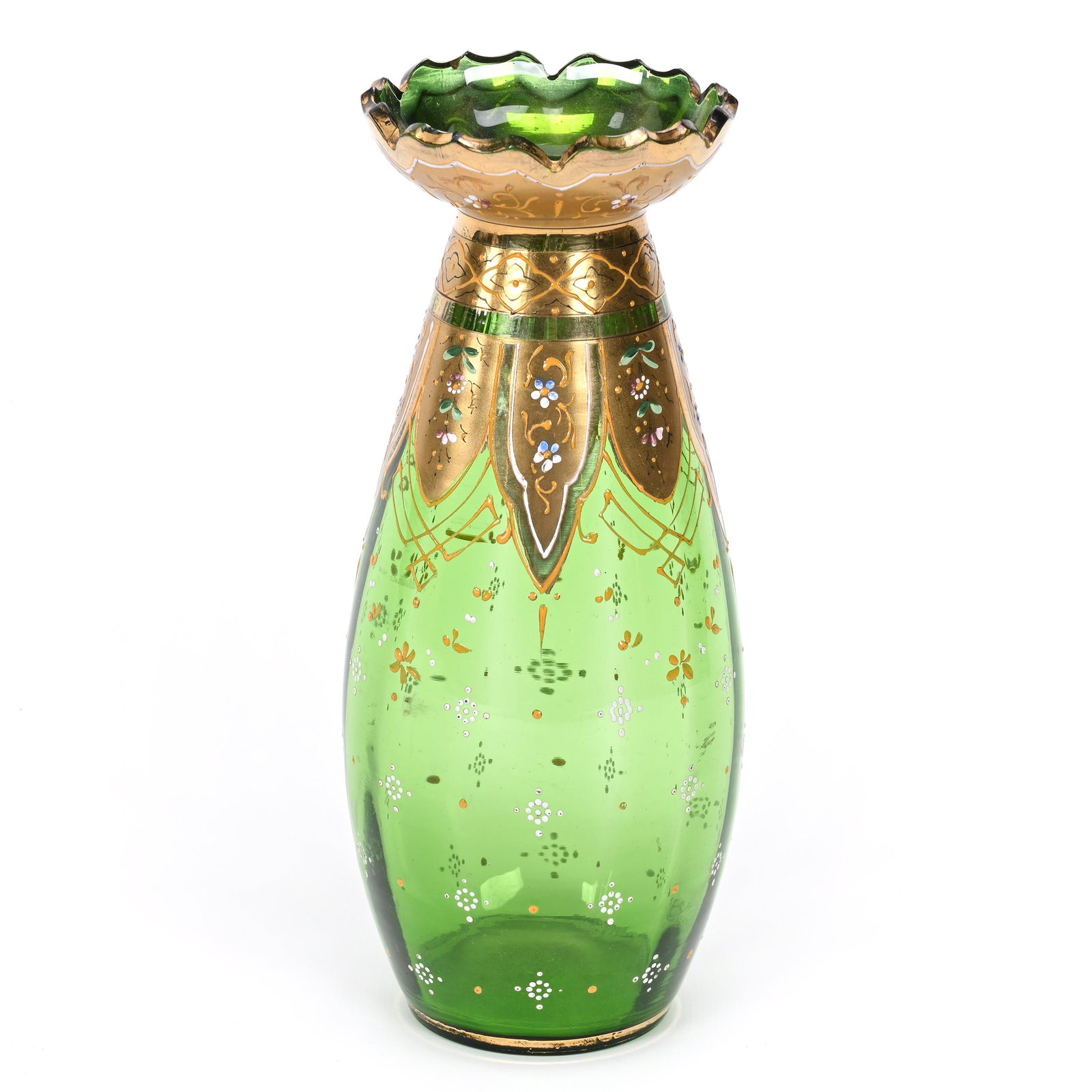 Vase, Green Bohemian Art Glass: Vase, Green Bohemian Art Glass, 9" x 3.75", Heavy Gold Border, Colorful Enamel Floral Decor, Scalloped Rim, One Point On Rim Has Small Chip, Don Henson Estate, Michigan. Part 3. This auction is the fi